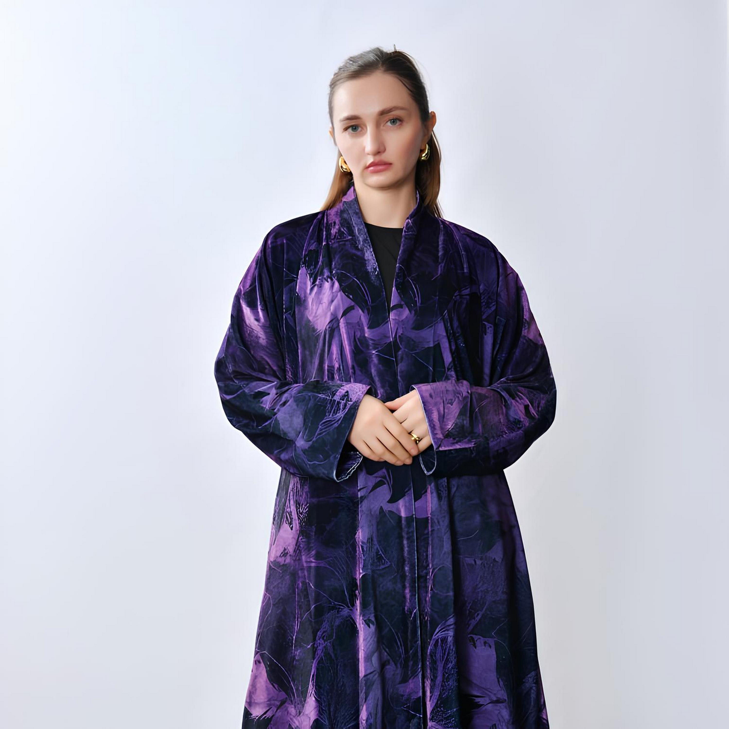 Oya Abaya Purple Abstract Print Velvet Women's Half-Cloche Cut Abaya-women-arabicclothing-abayas-image-2