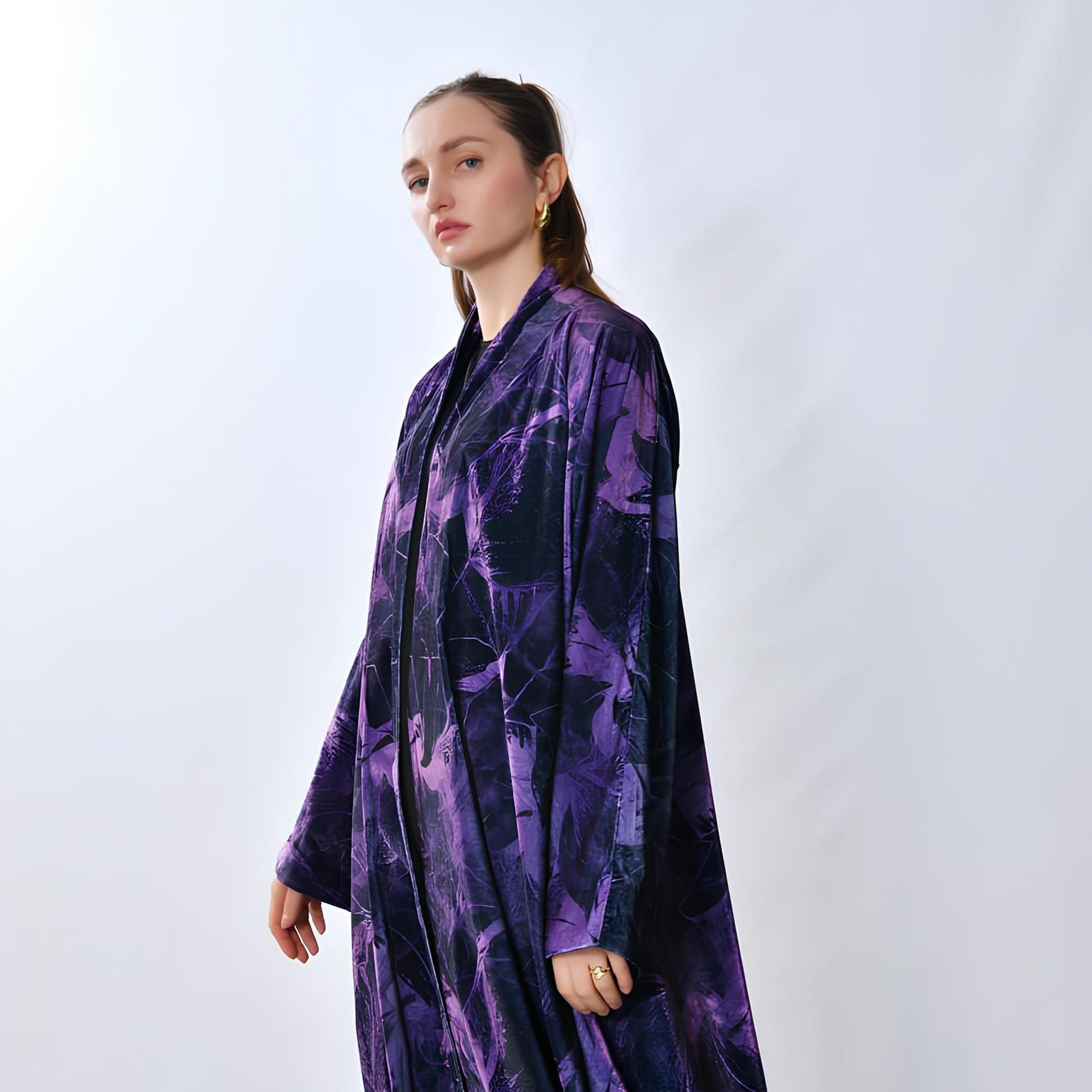 Oya Abaya Purple Abstract Print Velvet Women's Half-Cloche Cut Abaya-women-arabicclothing-abayas-image-3