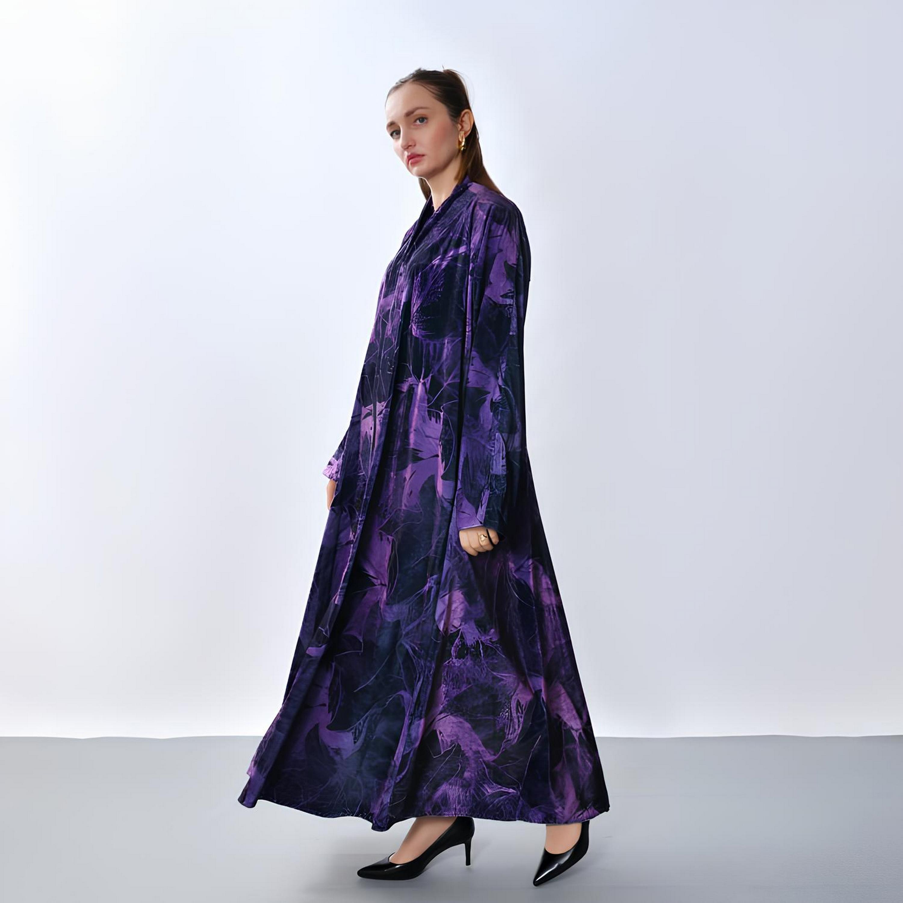 Oya Abaya Purple Abstract Print Velvet Women's Half-Cloche Cut Abaya-women-arabicclothing-abayas-image-4