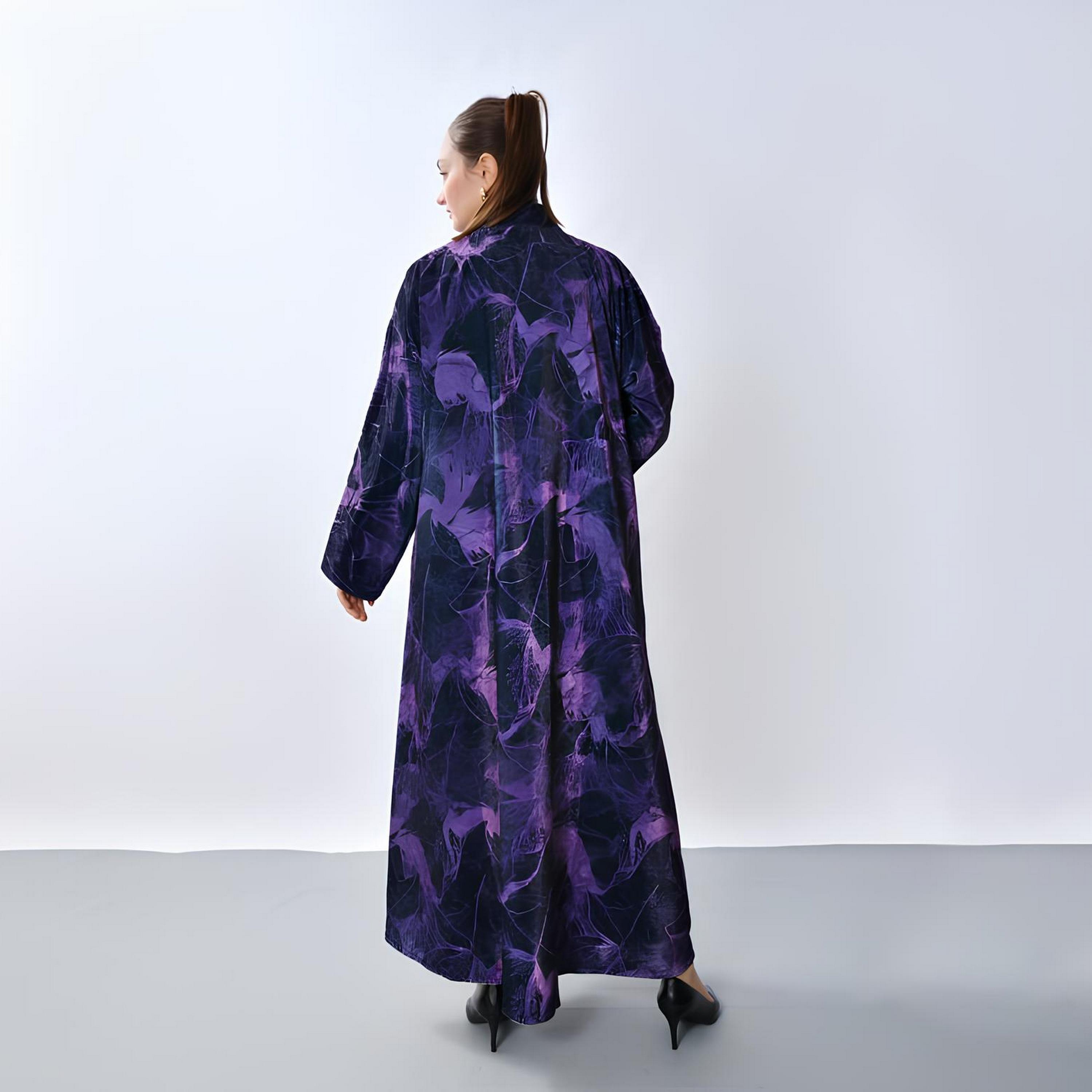 Oya Abaya Purple Abstract Print Velvet Women's Half-Cloche Cut Abaya-women-arabicclothing-abayas-image-5