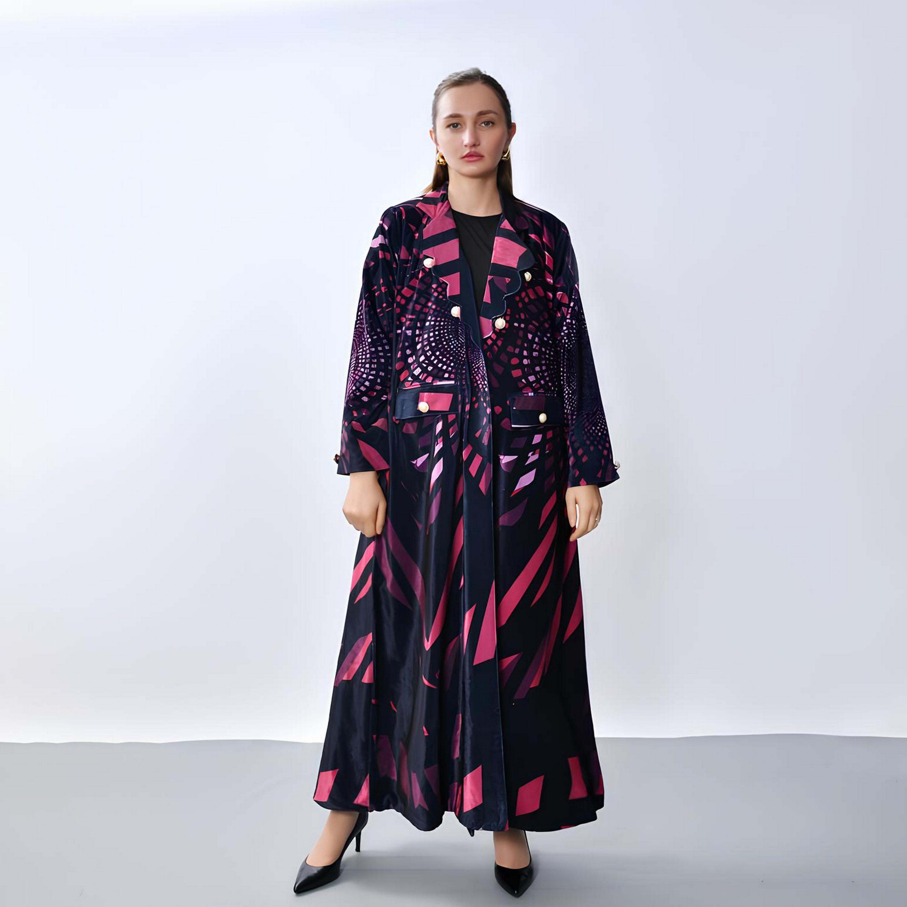 Oya Abaya Multicolored Geometric Print Lapel Collar Linen Women's Blazer Style Abaya-women-arabicclothing-abayas-image-1