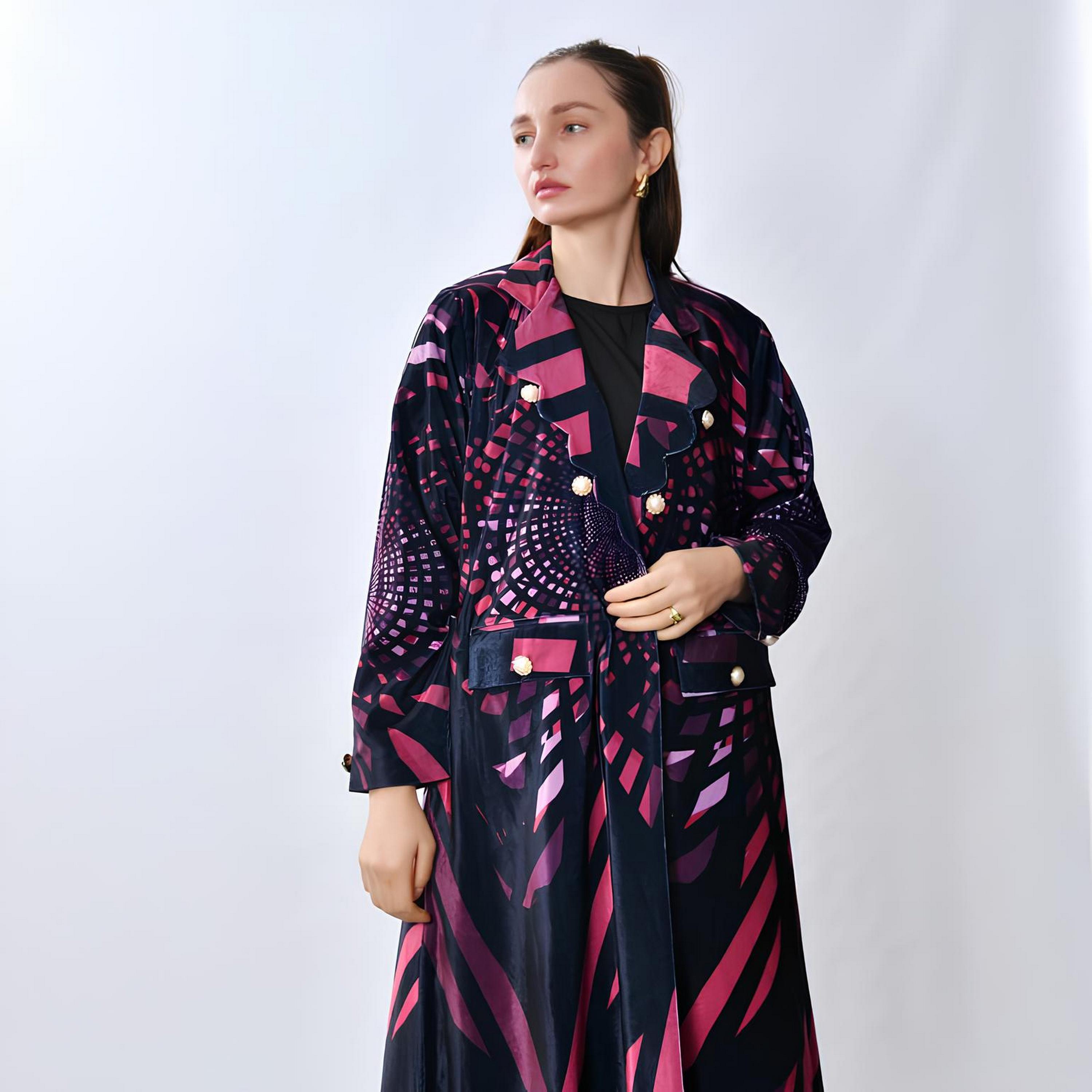 Oya Abaya Multicolored Geometric Print Lapel Collar Linen Women's Blazer Style Abaya-women-arabicclothing-abayas-image-2