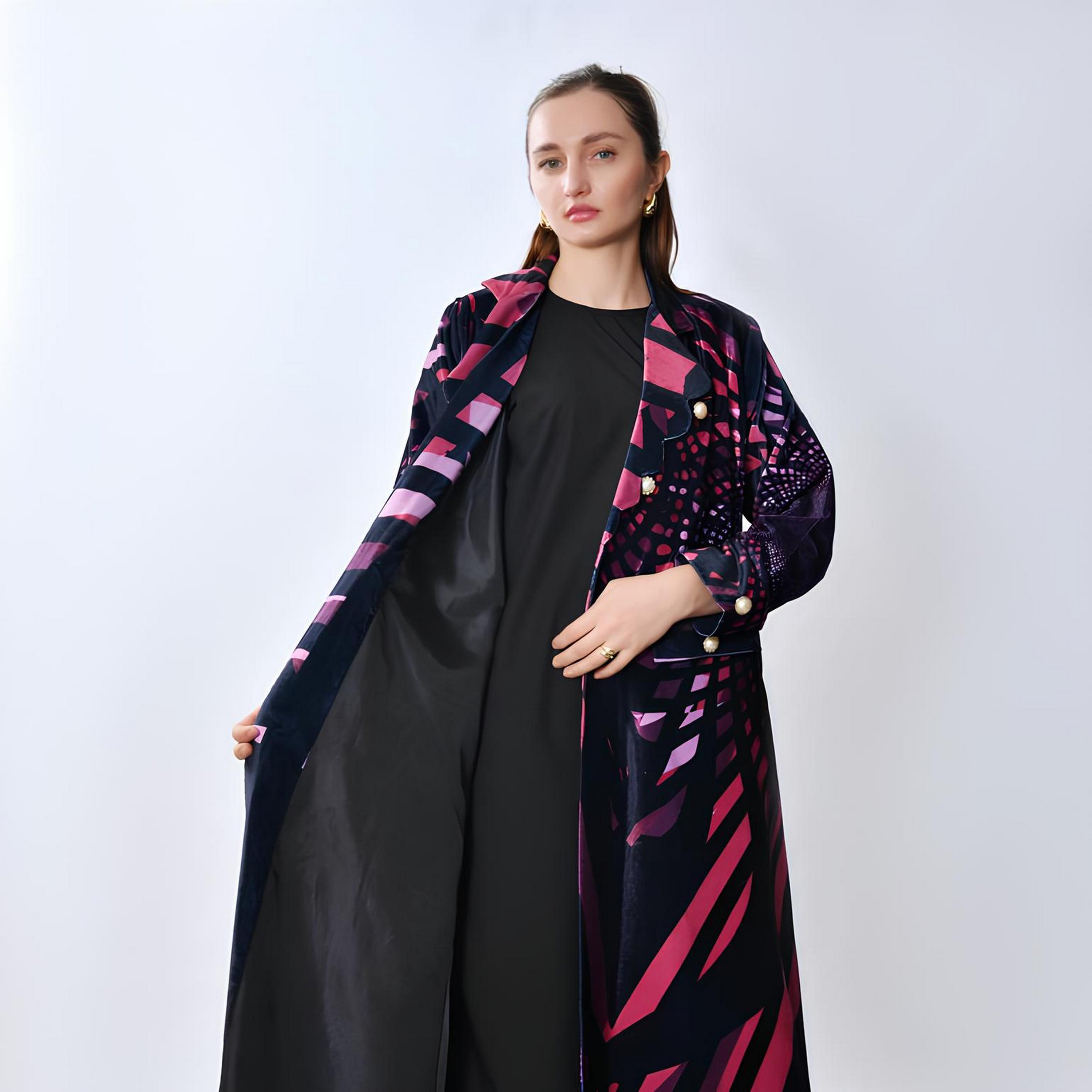Oya Abaya Multicolored Geometric Print Lapel Collar Linen Women's Blazer Style Abaya-women-arabicclothing-abayas-image-3