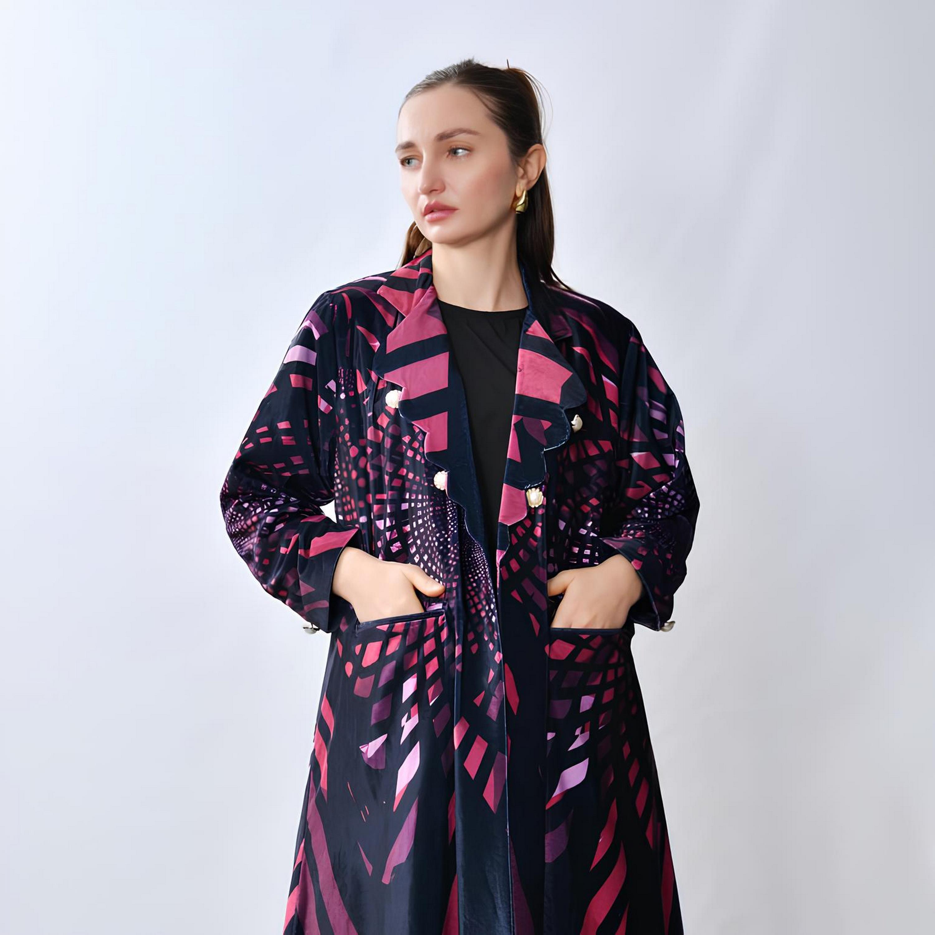 Oya Abaya Multicolored Geometric Print Lapel Collar Linen Women's Blazer Style Abaya-women-arabicclothing-abayas-image-4