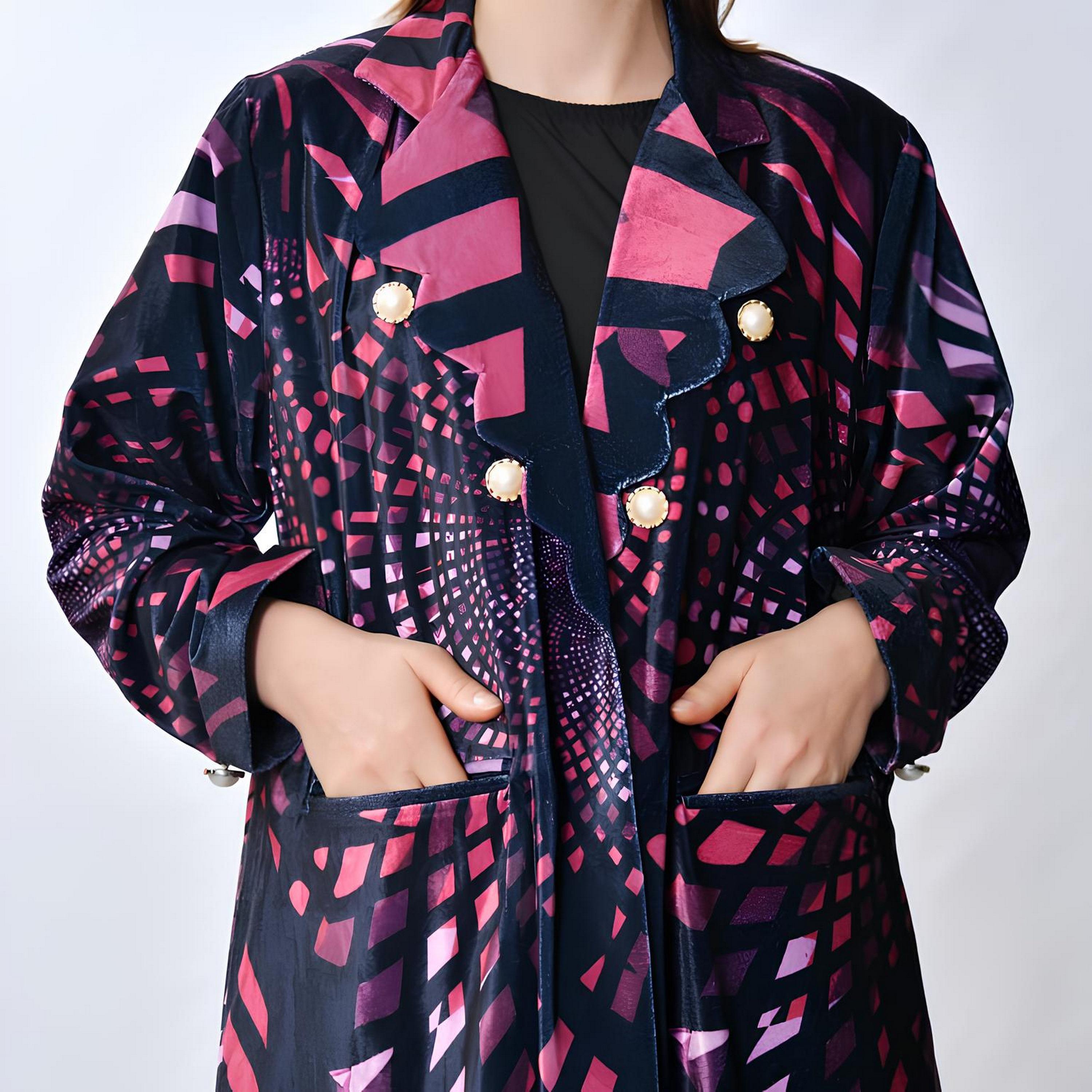 Oya Abaya Multicolored Geometric Print Lapel Collar Linen Women's Blazer Style Abaya-women-arabicclothing-abayas-image-5