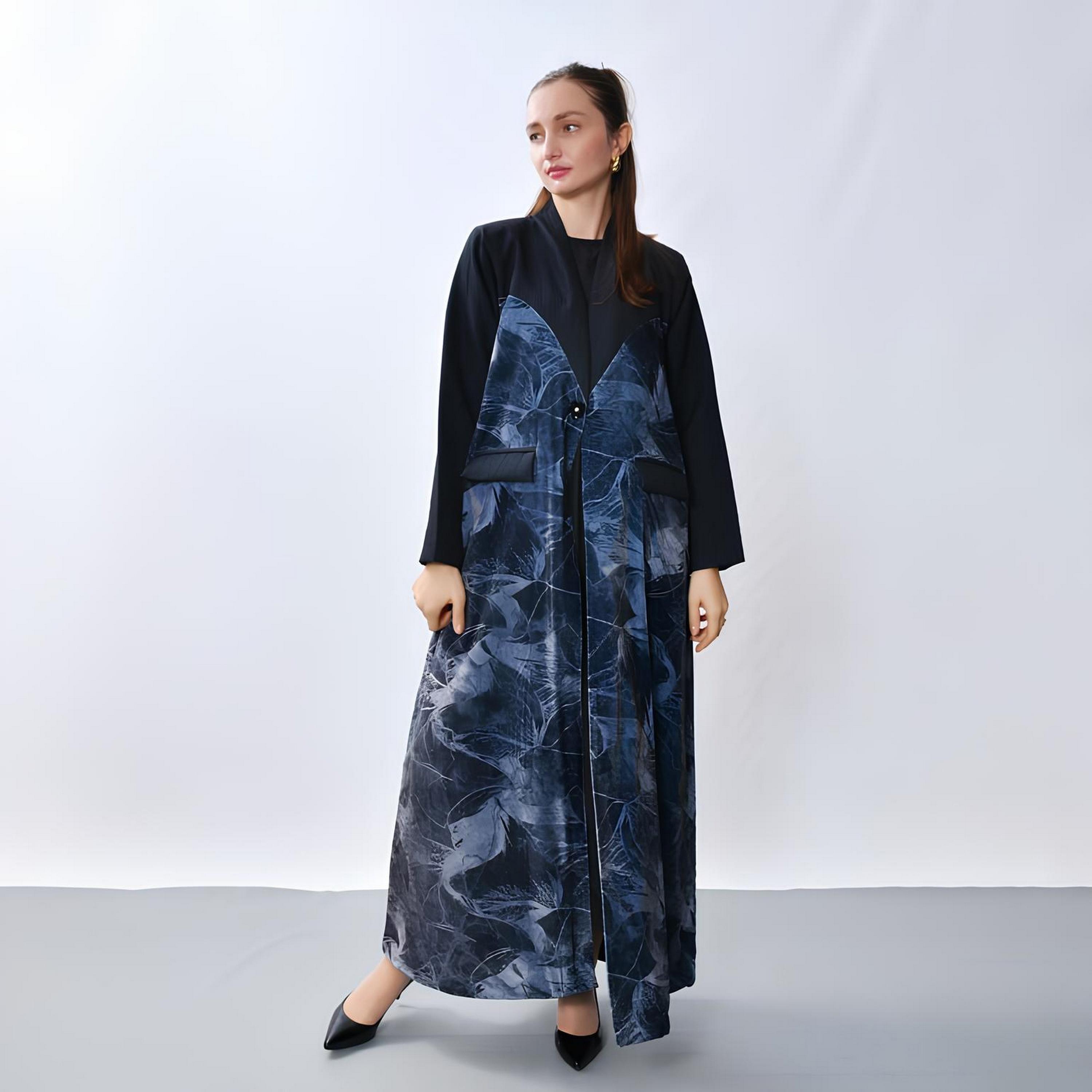 Oya Abaya Blue Abstract Print Linen Women's Cloche Cut Abaya-women-arabicclothing-abayas-image-1