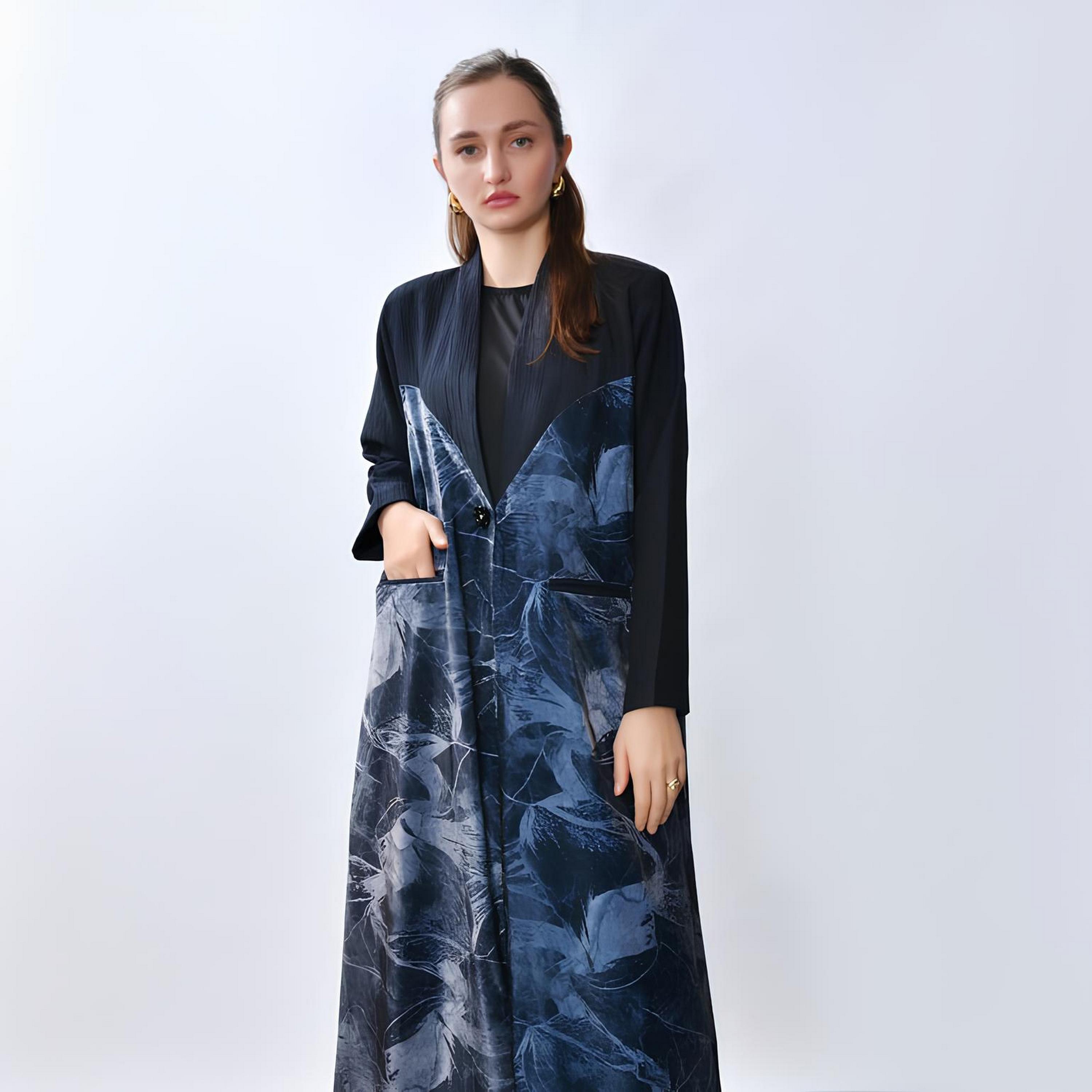 Oya Abaya Blue Abstract Print Linen Women's Cloche Cut Abaya-women-arabicclothing-abayas-image-2