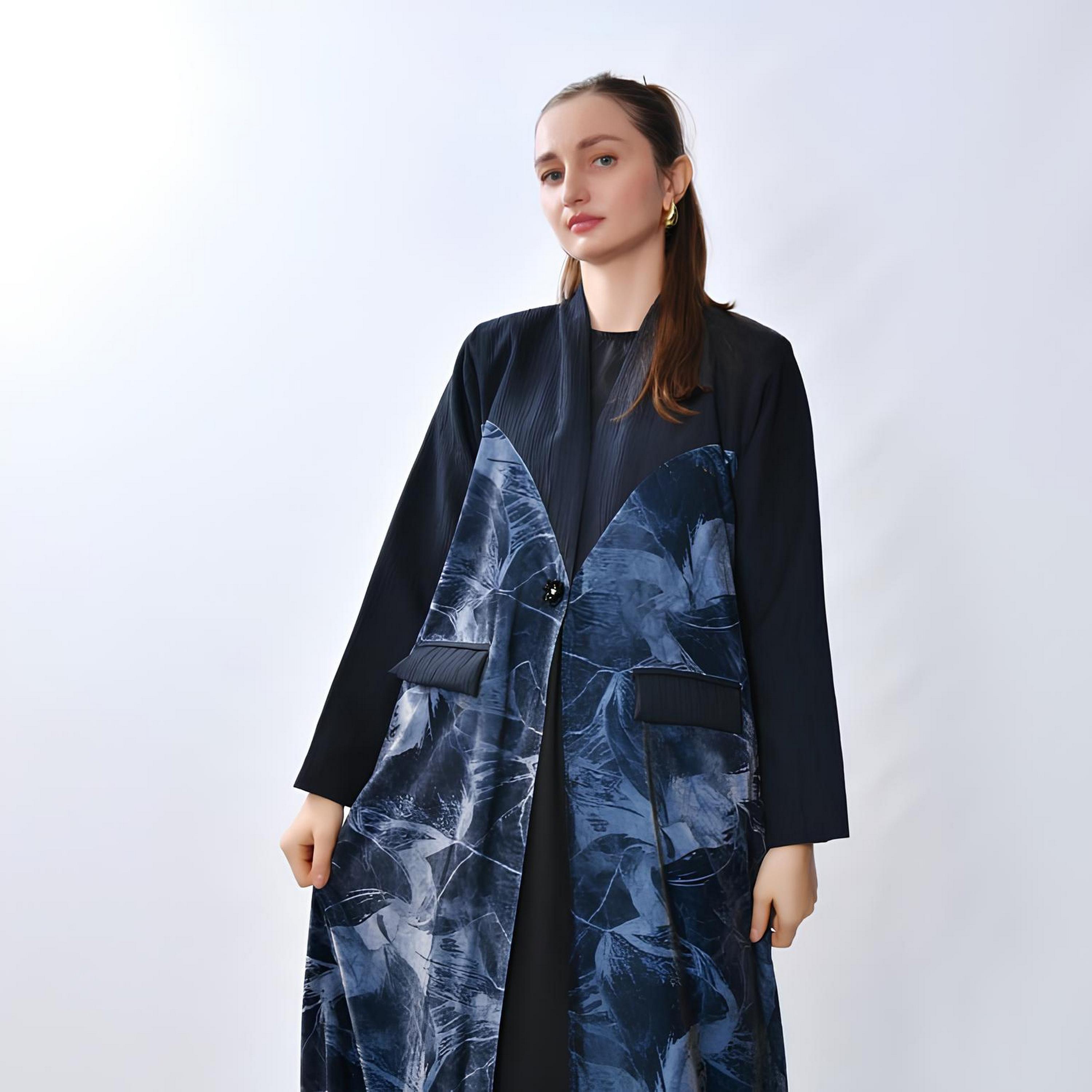 Oya Abaya Blue Abstract Print Linen Women's Cloche Cut Abaya-women-arabicclothing-abayas-image-3