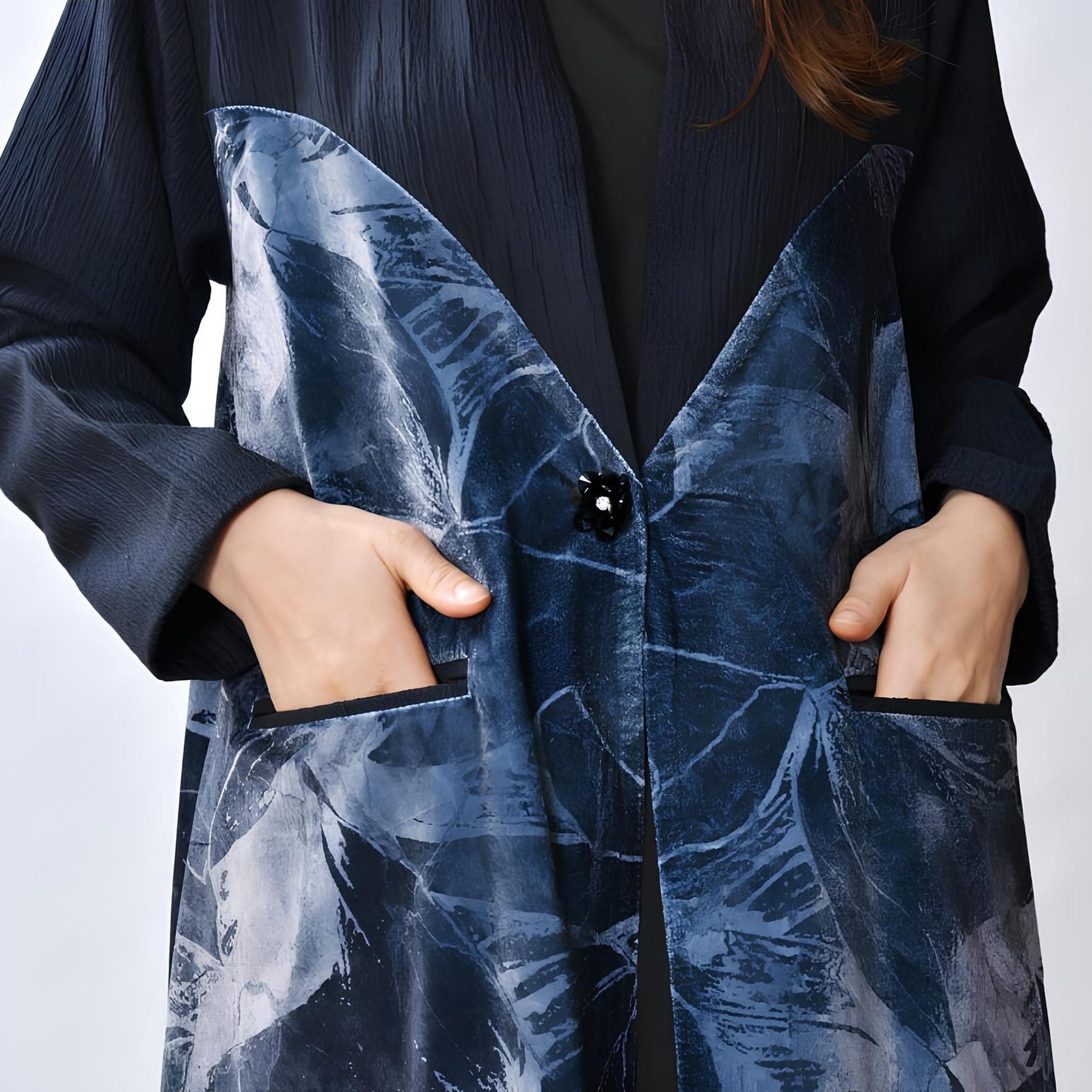 Oya Abaya Blue Abstract Print Linen Women's Cloche Cut Abaya-women-arabicclothing-abayas-image-4