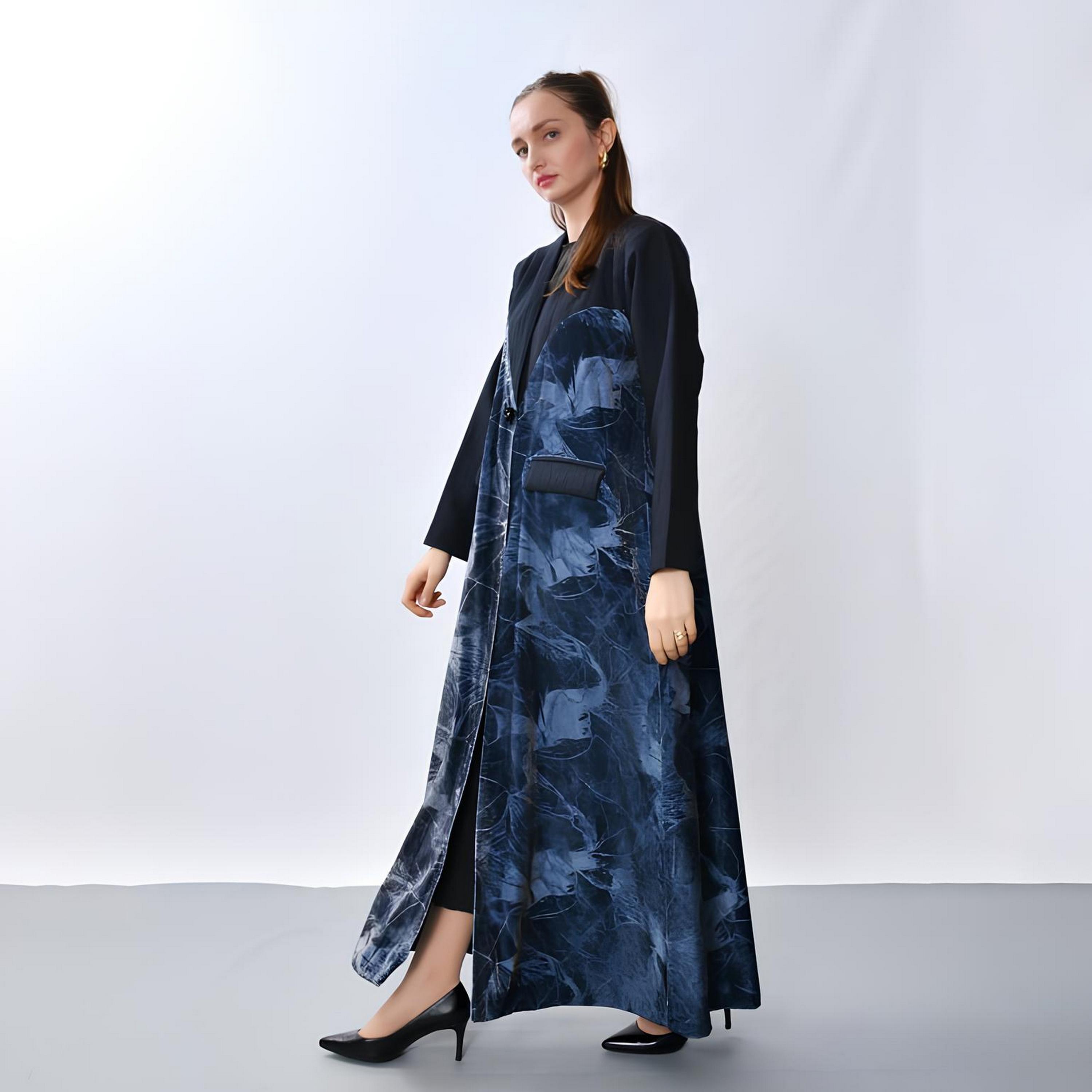 Oya Abaya Blue Abstract Print Linen Women's Cloche Cut Abaya-women-arabicclothing-abayas-image-5