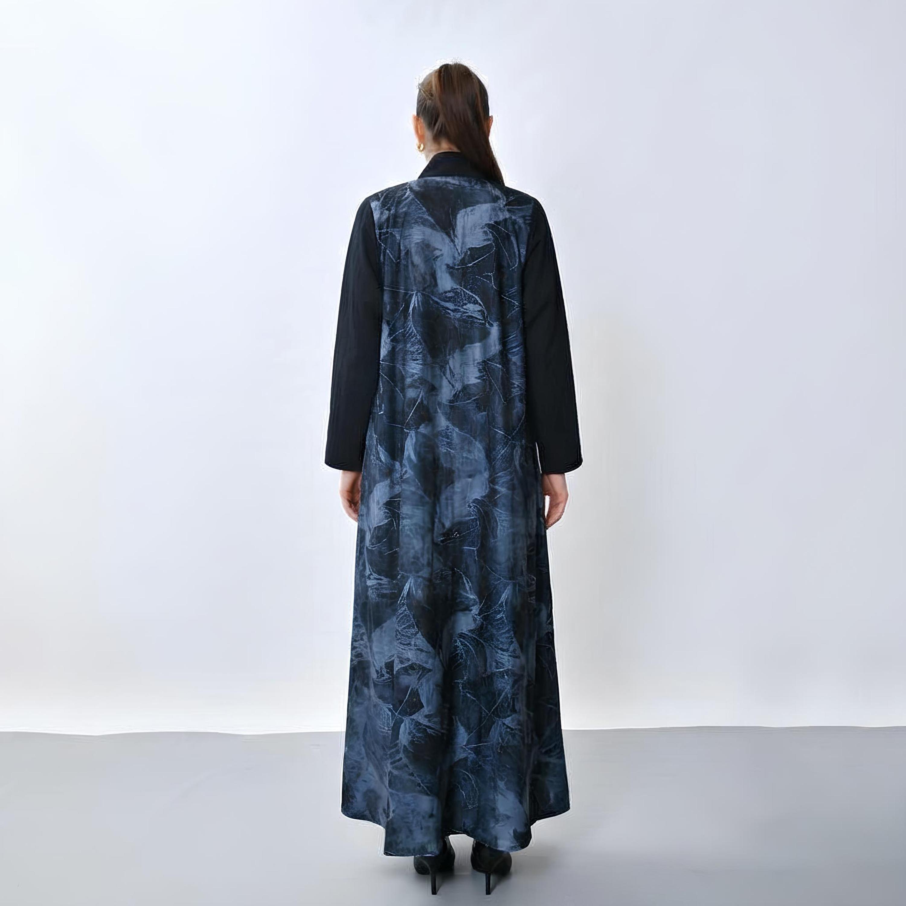 Oya Abaya Blue Abstract Print Linen Women's Cloche Cut Abaya-women-arabicclothing-abayas-image-6