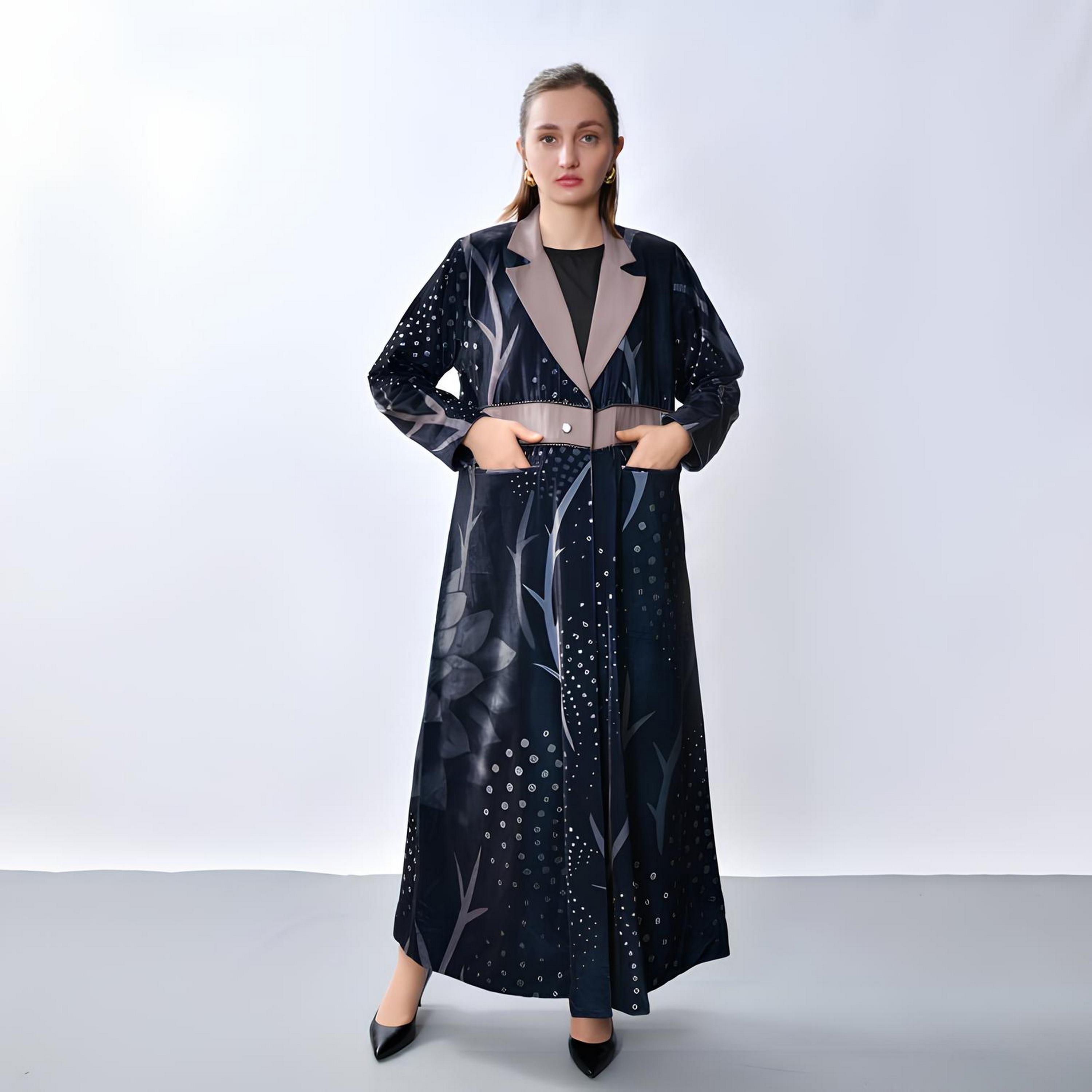 Oya Abaya Blue Printed Lapel Collar Velvet Women's Blazer Style Abaya-women-arabicclothing-abayas-image-1