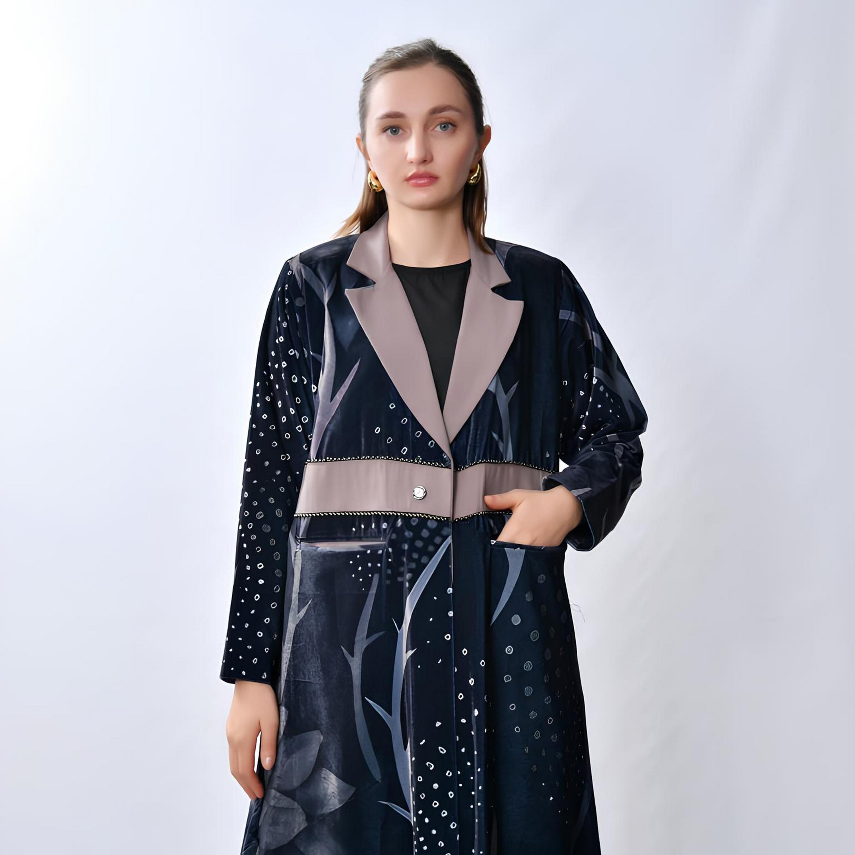 Oya Abaya Blue Printed Lapel Collar Velvet Women's Blazer Style Abaya-women-arabicclothing-abayas-image-2