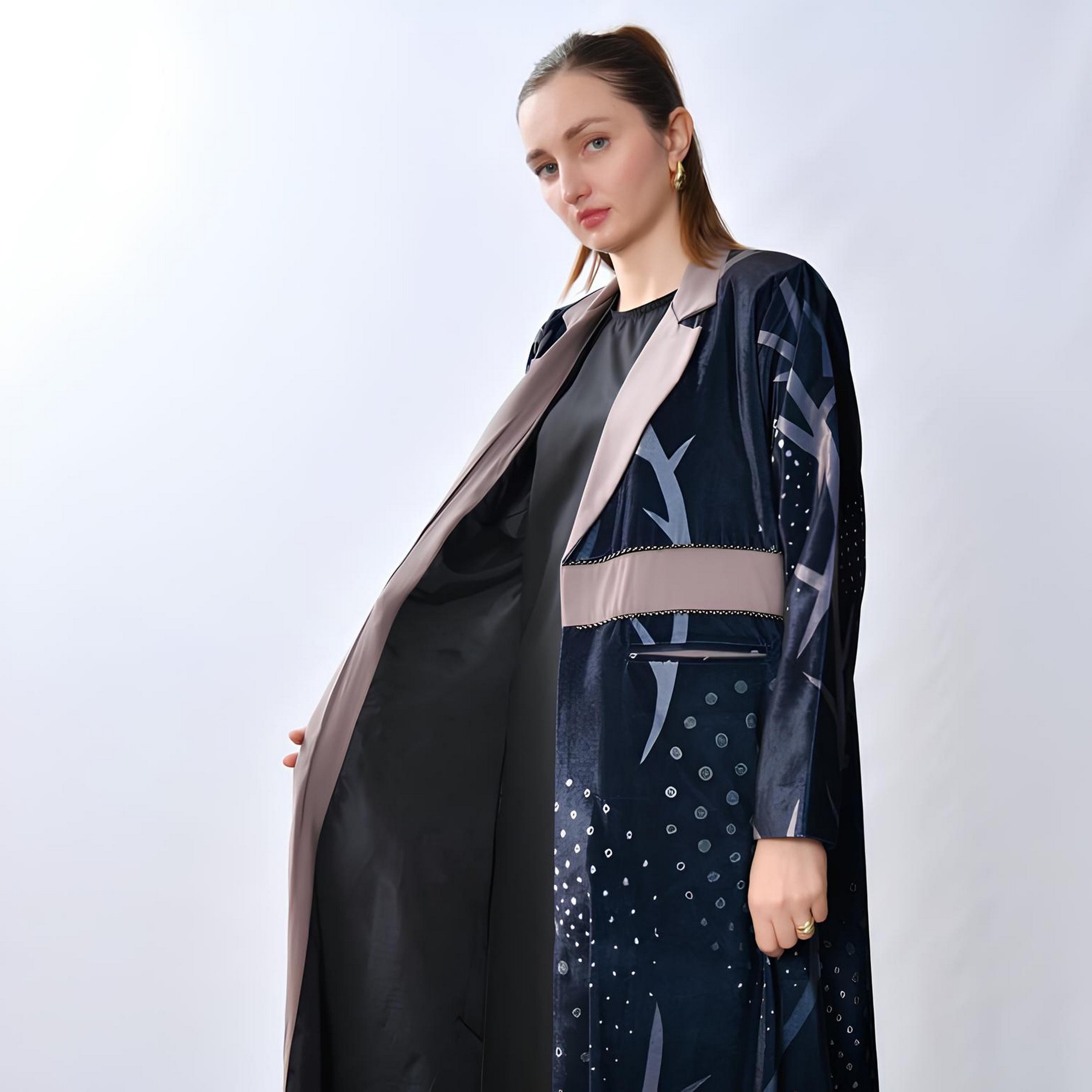 Oya Abaya Blue Printed Lapel Collar Velvet Women's Blazer Style Abaya-women-arabicclothing-abayas-image-3