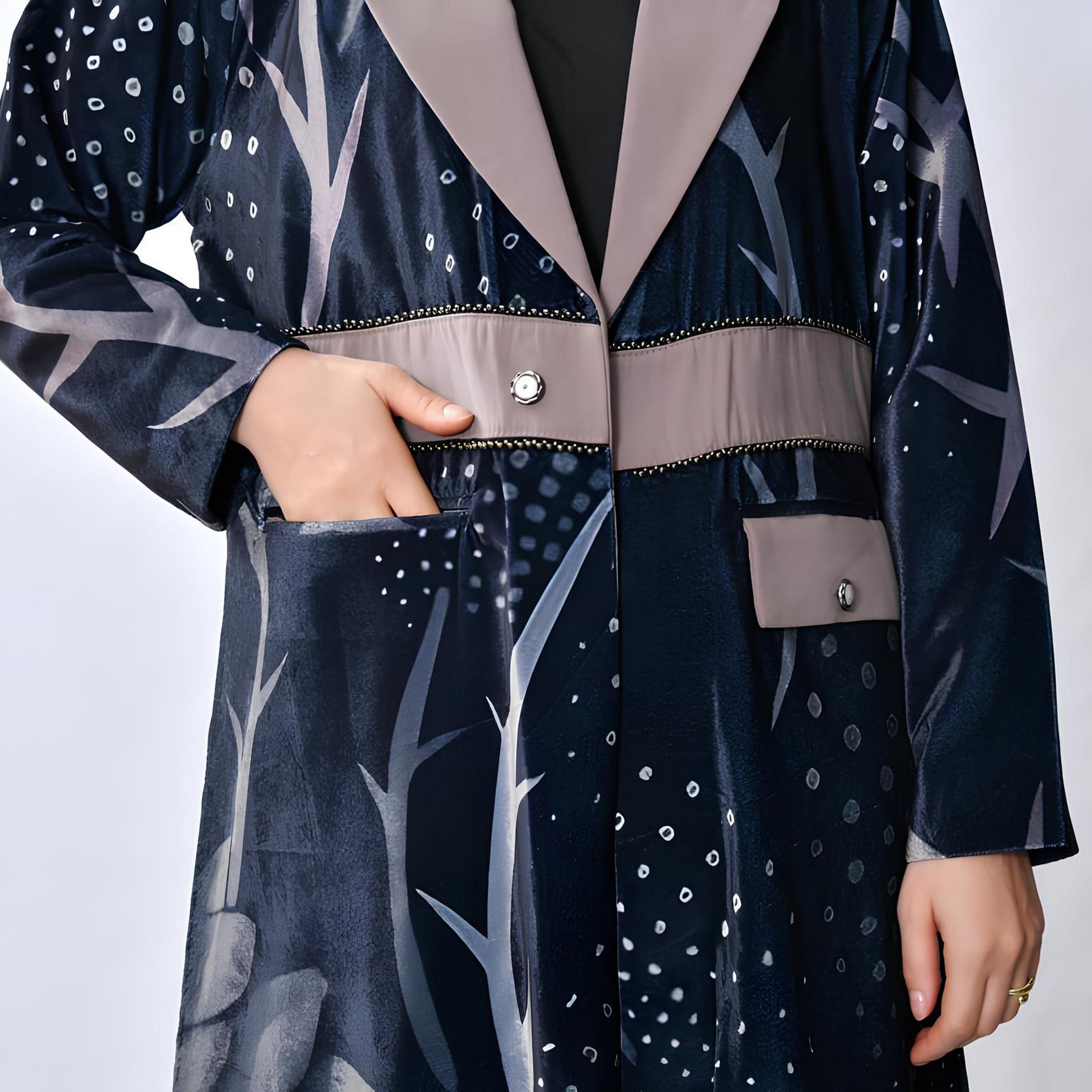 Oya Abaya Blue Printed Lapel Collar Velvet Women's Blazer Style Abaya-women-arabicclothing-abayas-image-4