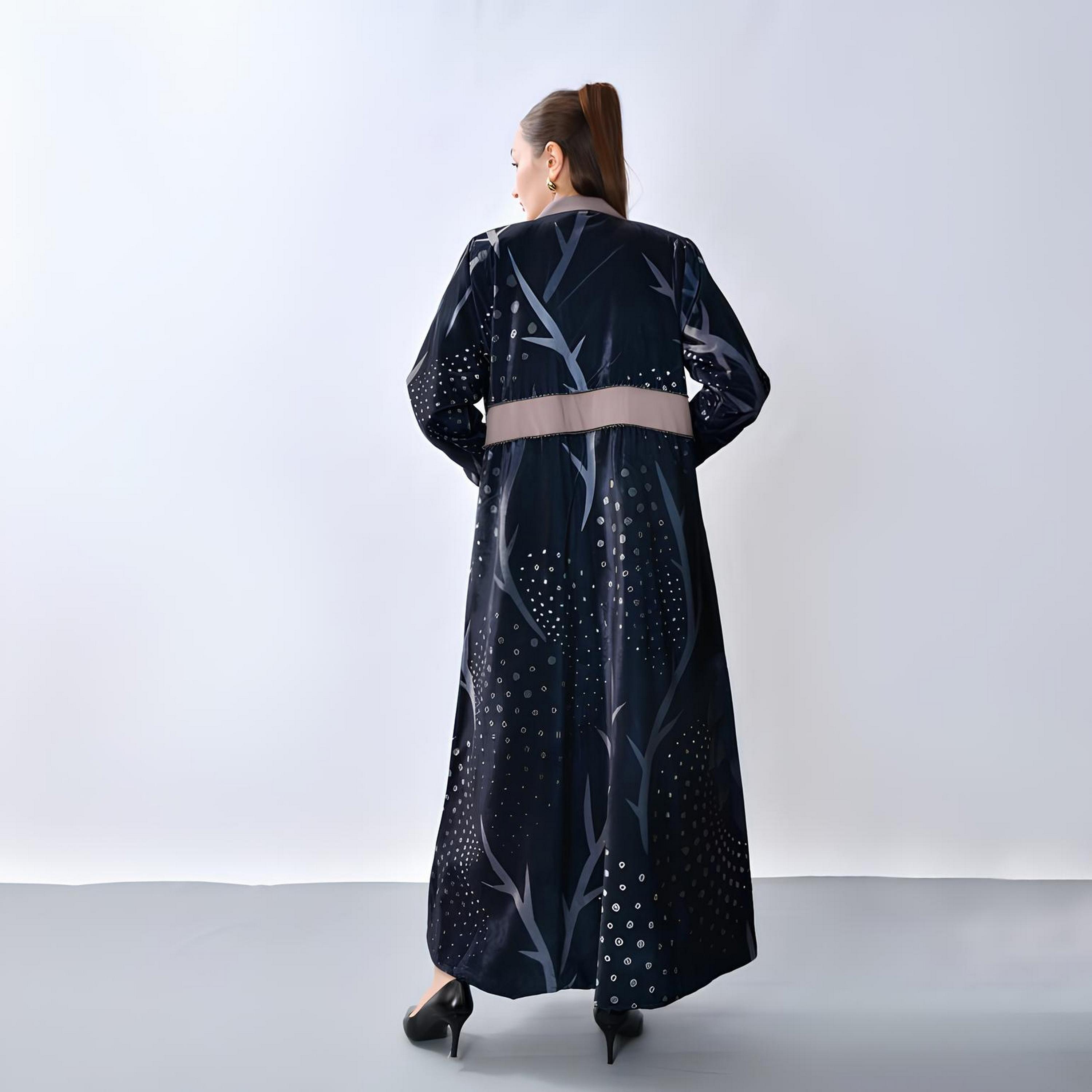 Oya Abaya Blue Printed Lapel Collar Velvet Women's Blazer Style Abaya-women-arabicclothing-abayas-image-5