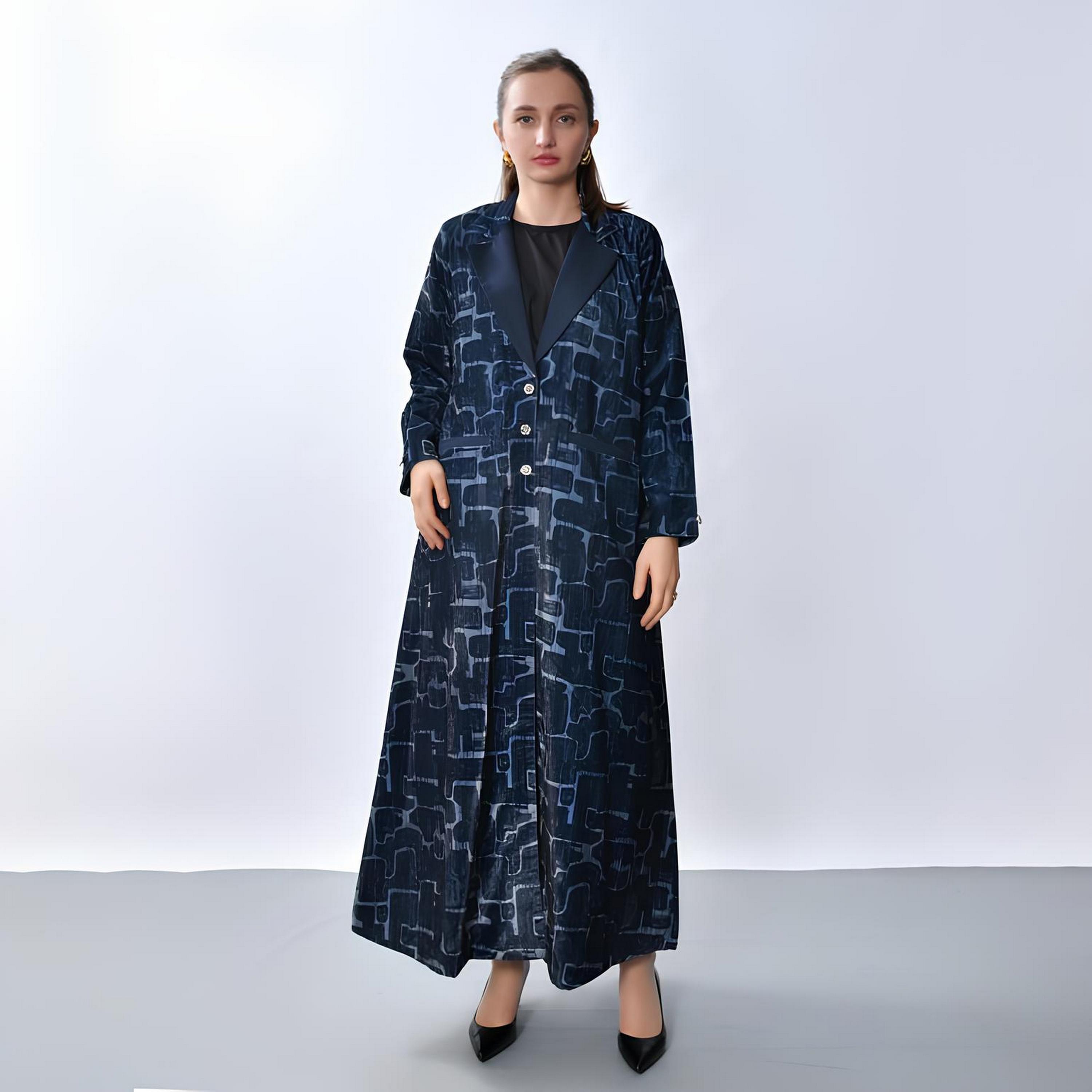 Oya Abaya Navy Blue Abstract Print Lapel Collar Linen Women's Blazer Style Abaya-women-arabicclothing-abayas-image-1