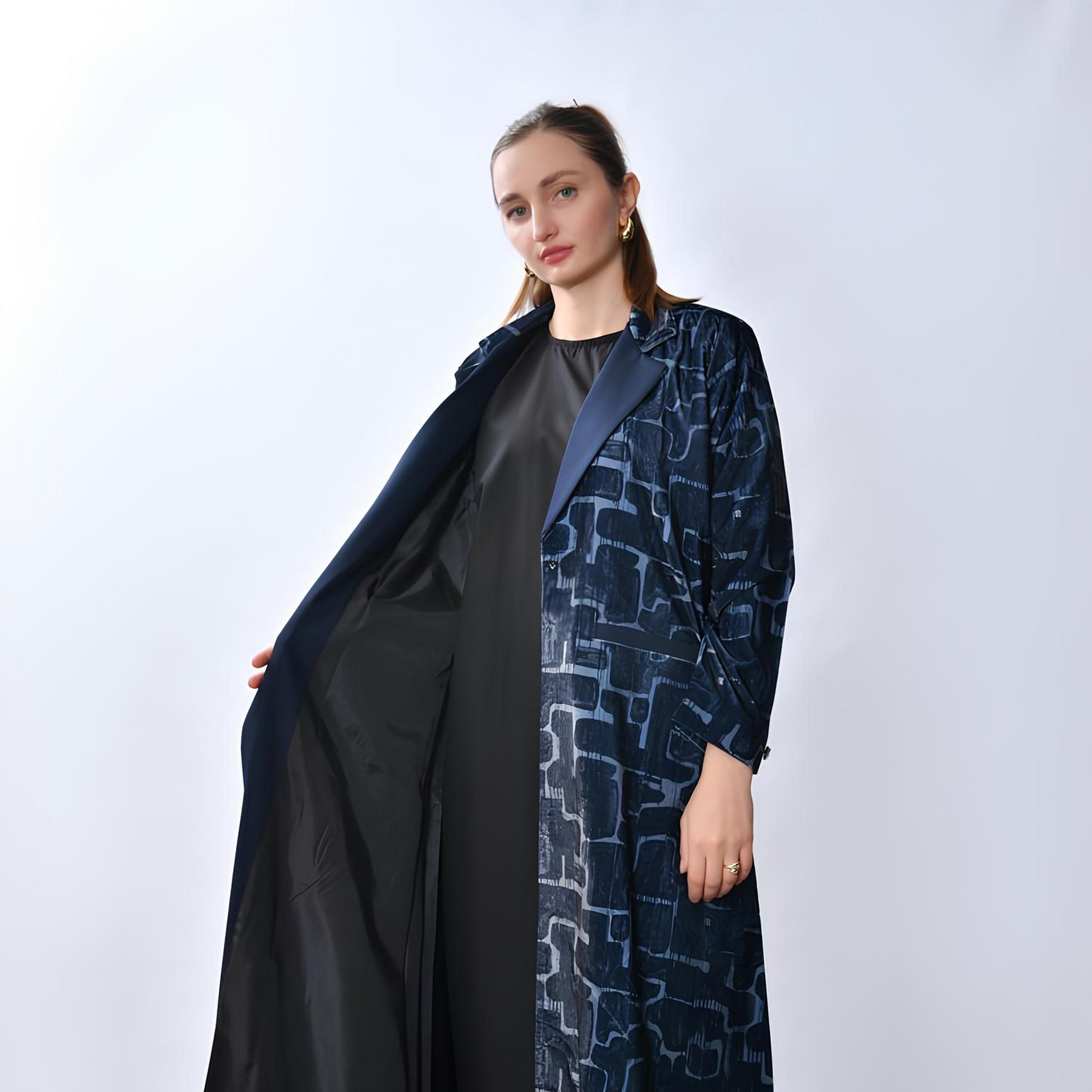 Oya Abaya Navy Blue Abstract Print Lapel Collar Linen Women's Blazer Style Abaya-women-arabicclothing-abayas-image-2