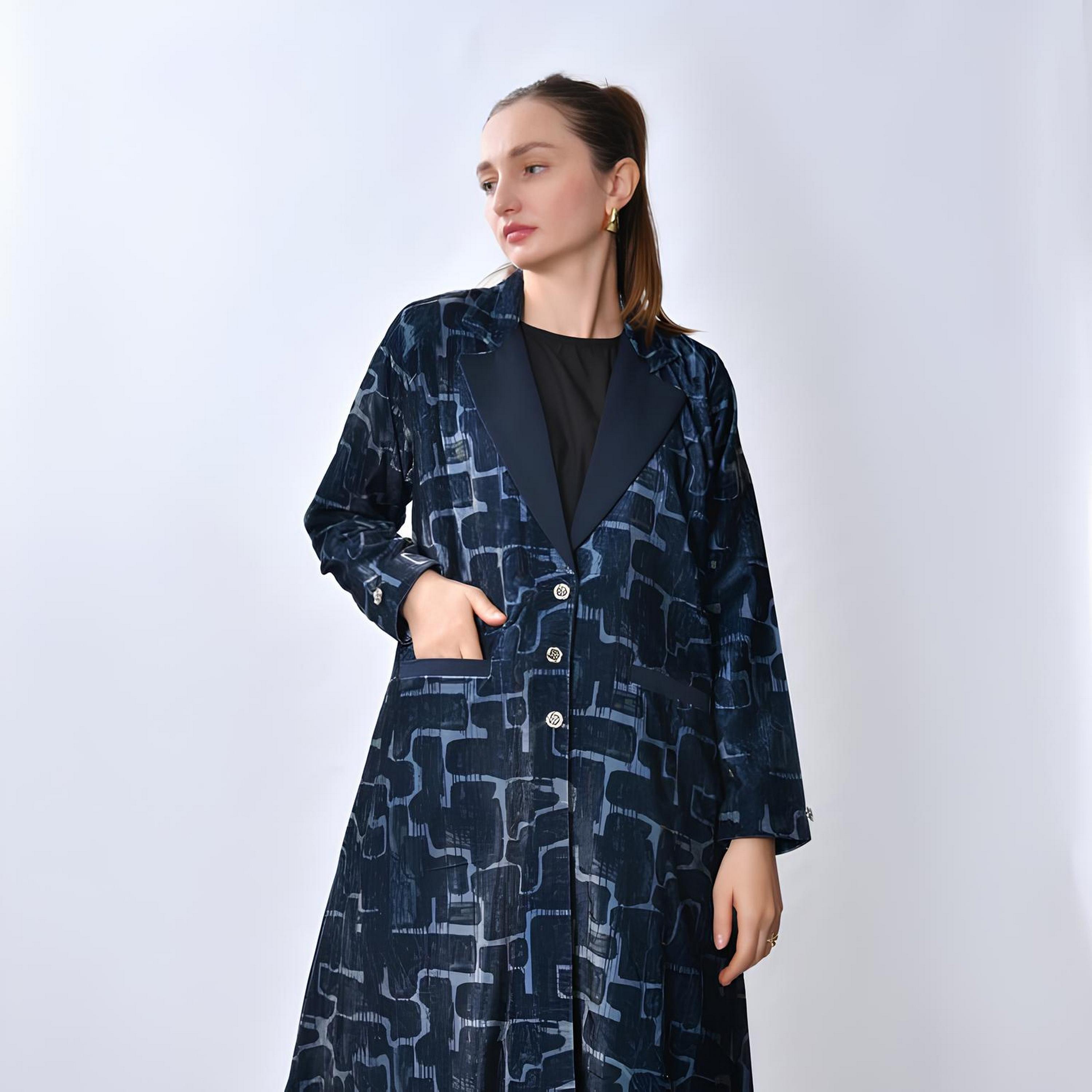 Oya Abaya Navy Blue Abstract Print Lapel Collar Linen Women's Blazer Style Abaya-women-arabicclothing-abayas-image-3