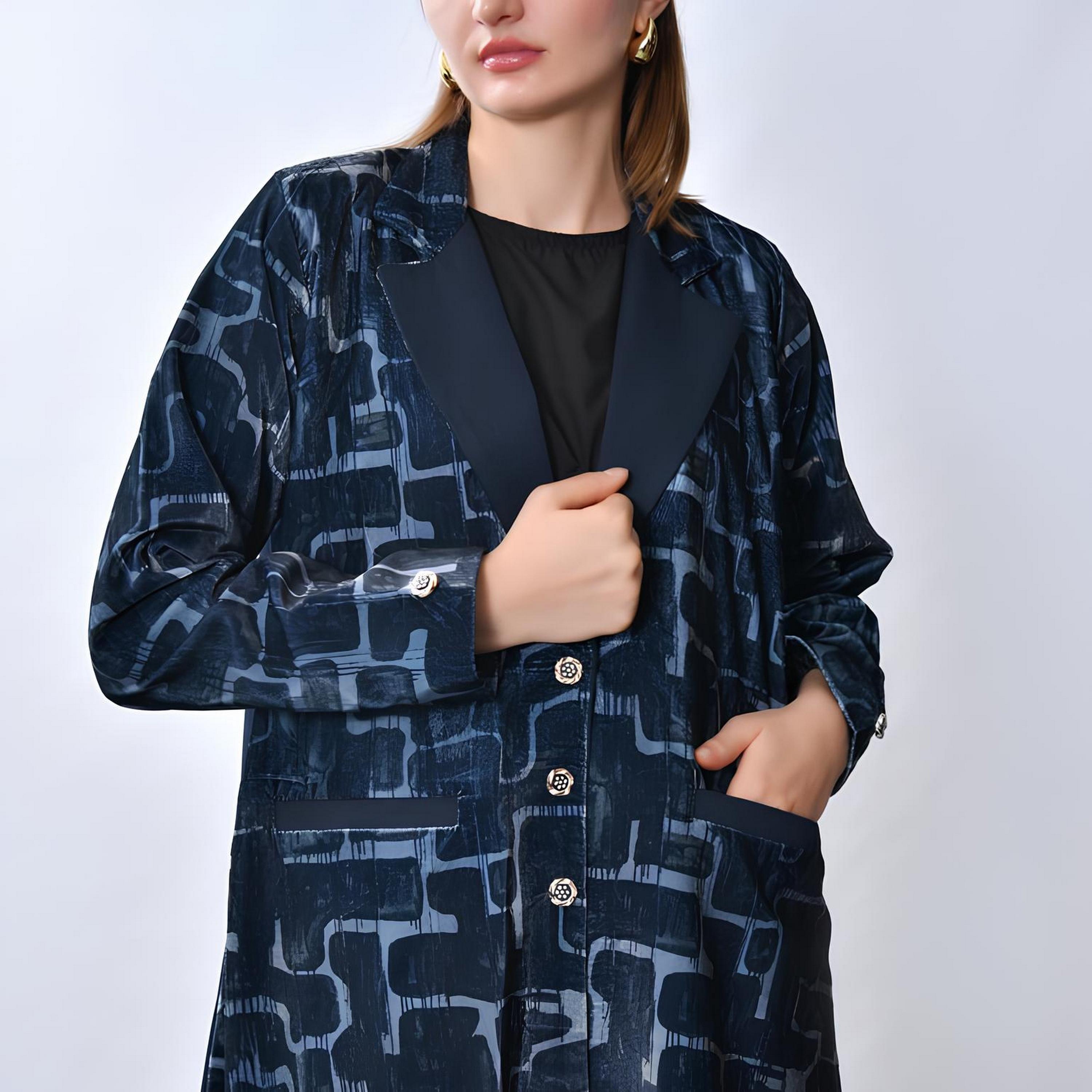 Oya Abaya Navy Blue Abstract Print Lapel Collar Linen Women's Blazer Style Abaya-women-arabicclothing-abayas-image-4