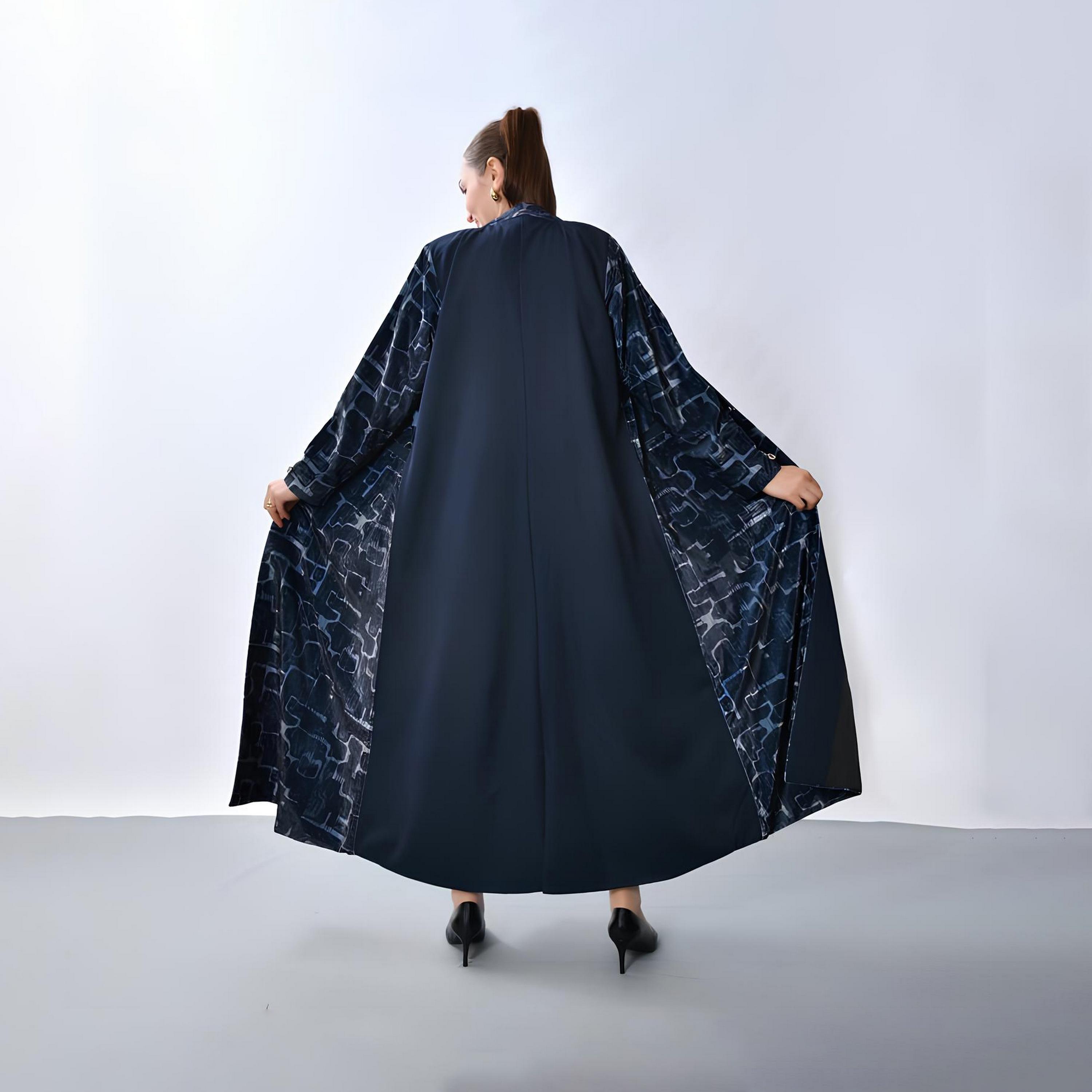 Oya Abaya Navy Blue Abstract Print Lapel Collar Linen Women's Blazer Style Abaya-women-arabicclothing-abayas-image-5