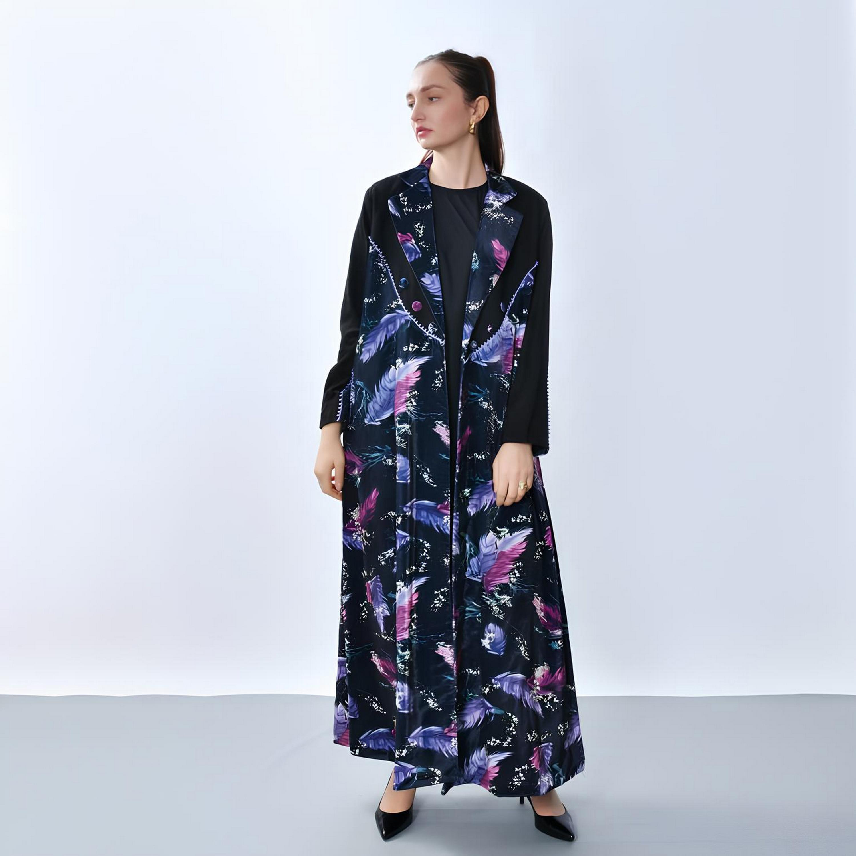 Oya Abaya Multicolored Feather Print Lapel Collar Velvet Women's Blazer Style Abaya-women-arabicclothing-abayas-image-1