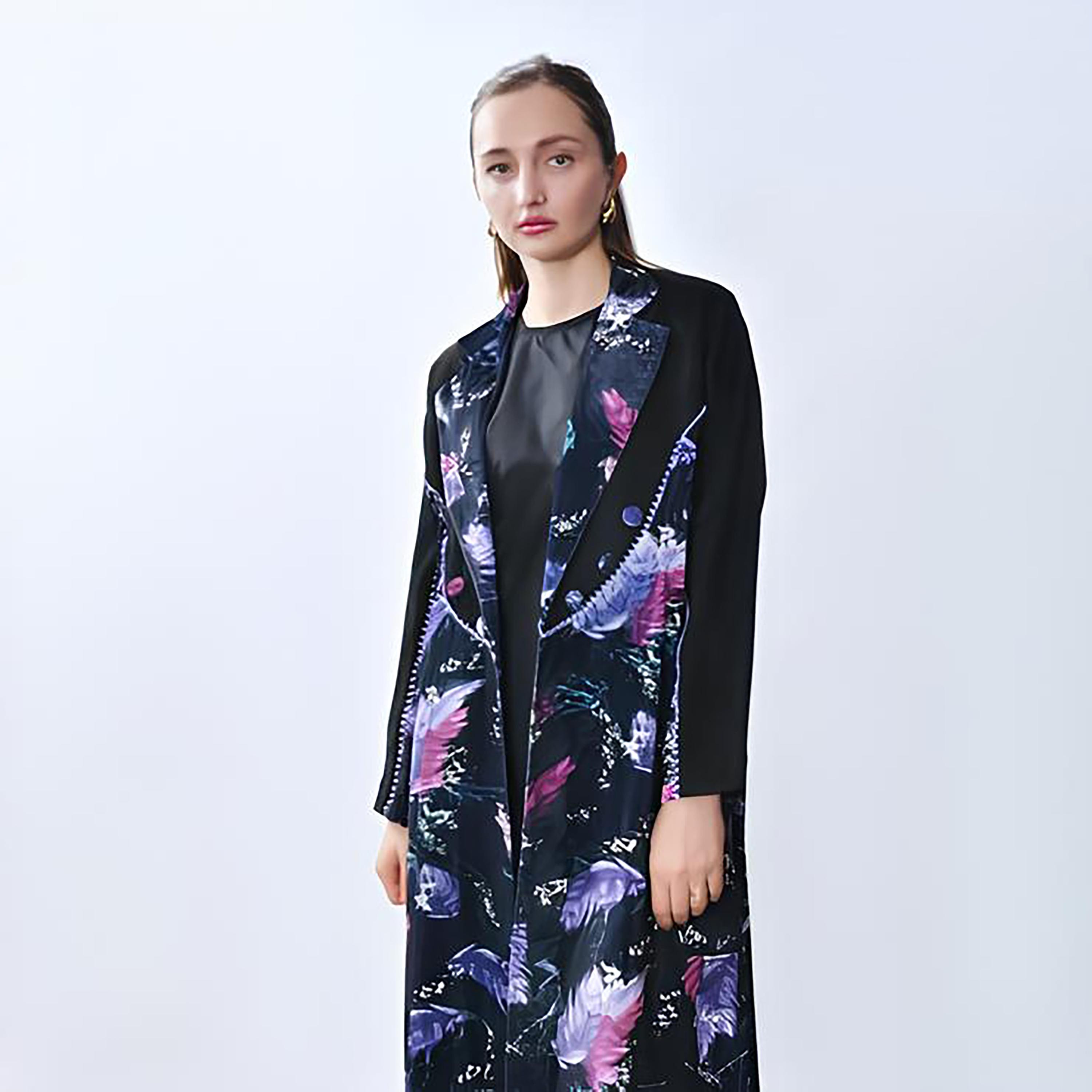 Oya Abaya Multicolored Feather Print Lapel Collar Velvet Women's Blazer Style Abaya-women-arabicclothing-abayas-image-2