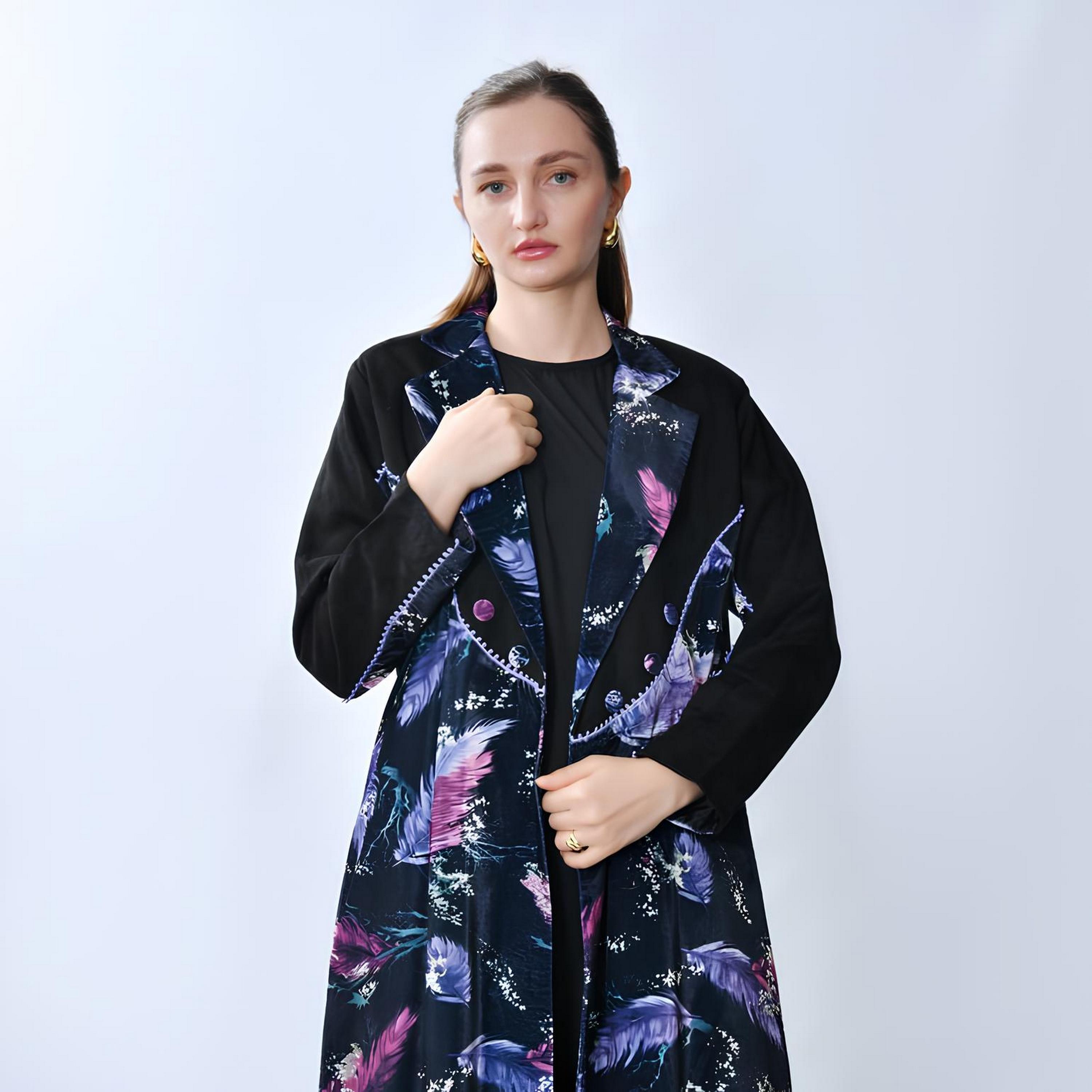 Oya Abaya Multicolored Feather Print Lapel Collar Velvet Women's Blazer Style Abaya-women-arabicclothing-abayas-image-3