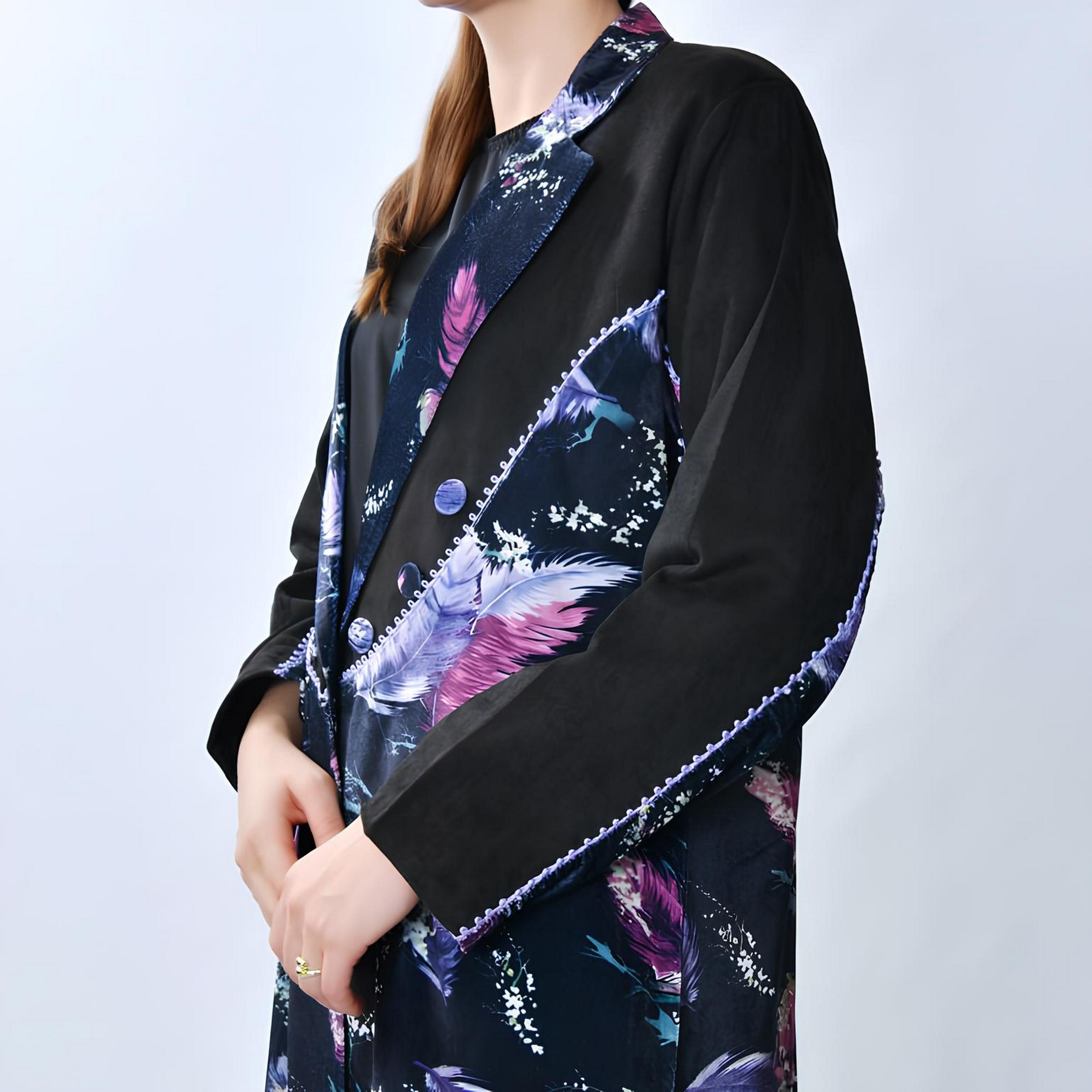 Oya Abaya Multicolored Feather Print Lapel Collar Velvet Women's Blazer Style Abaya-women-arabicclothing-abayas-image-4