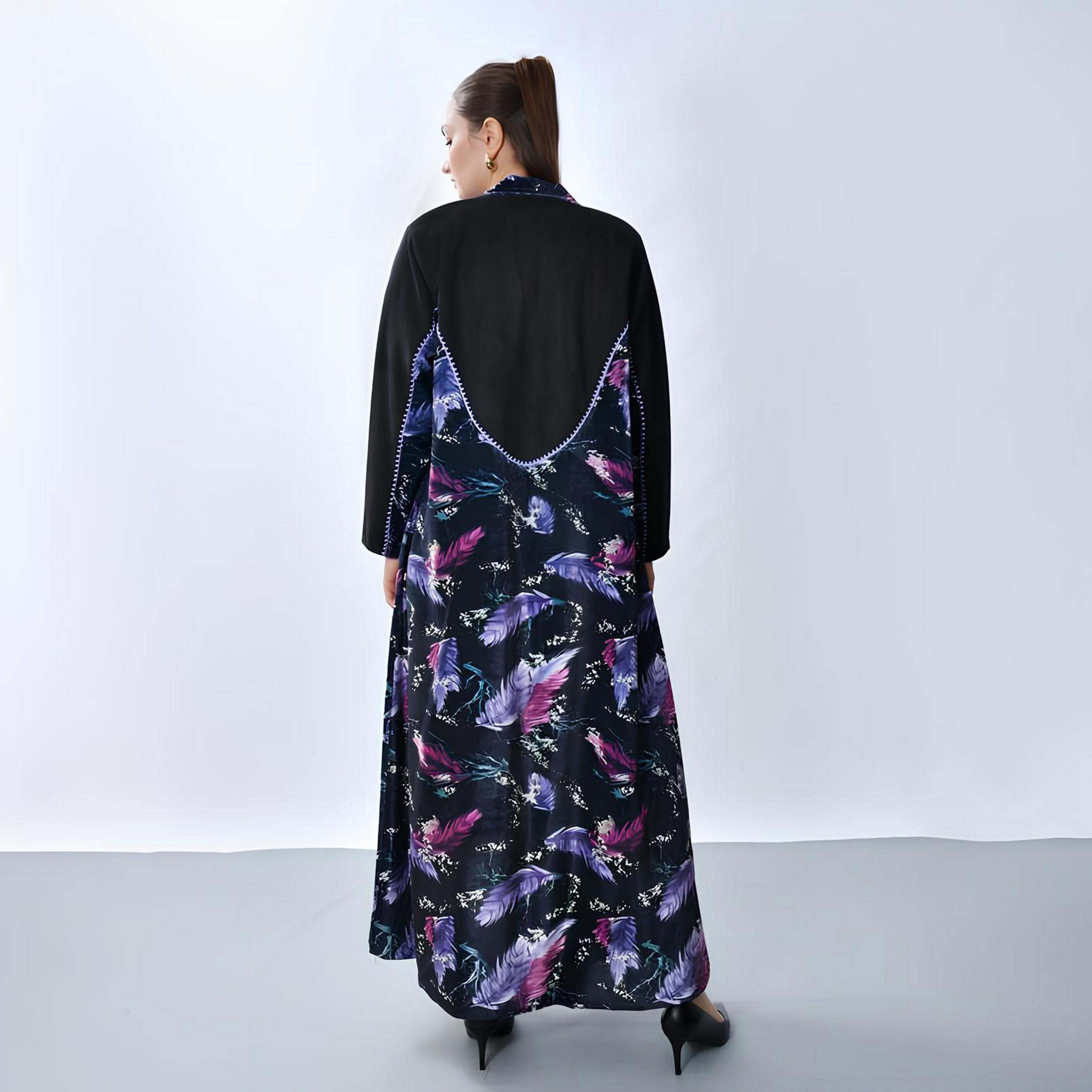 Oya Abaya Multicolored Feather Print Lapel Collar Velvet Women's Blazer Style Abaya-women-arabicclothing-abayas-image-5