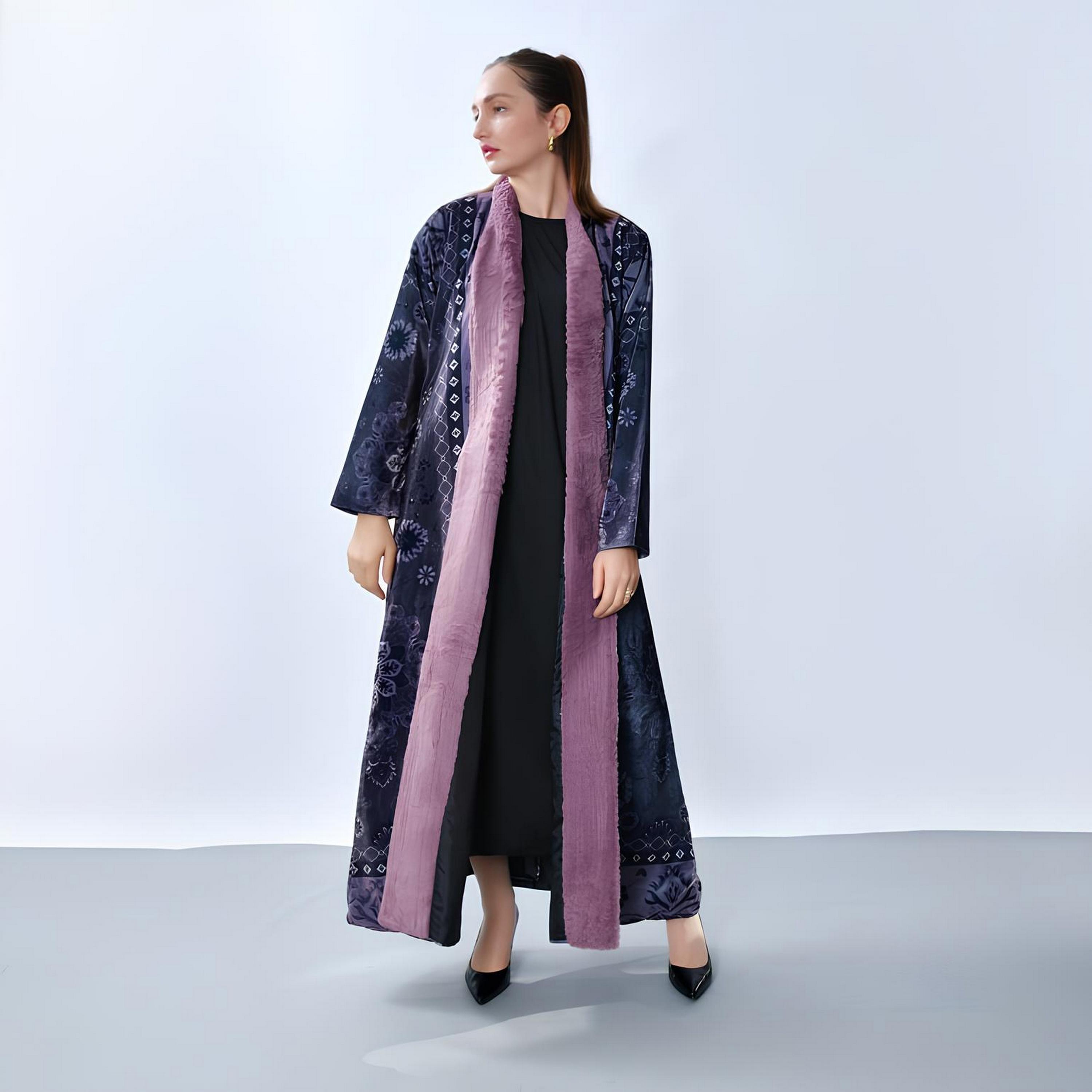 Oya Abaya Blue Geometric Print Velvet Women's Abaya-women-arabicclothing-abayas-image-1