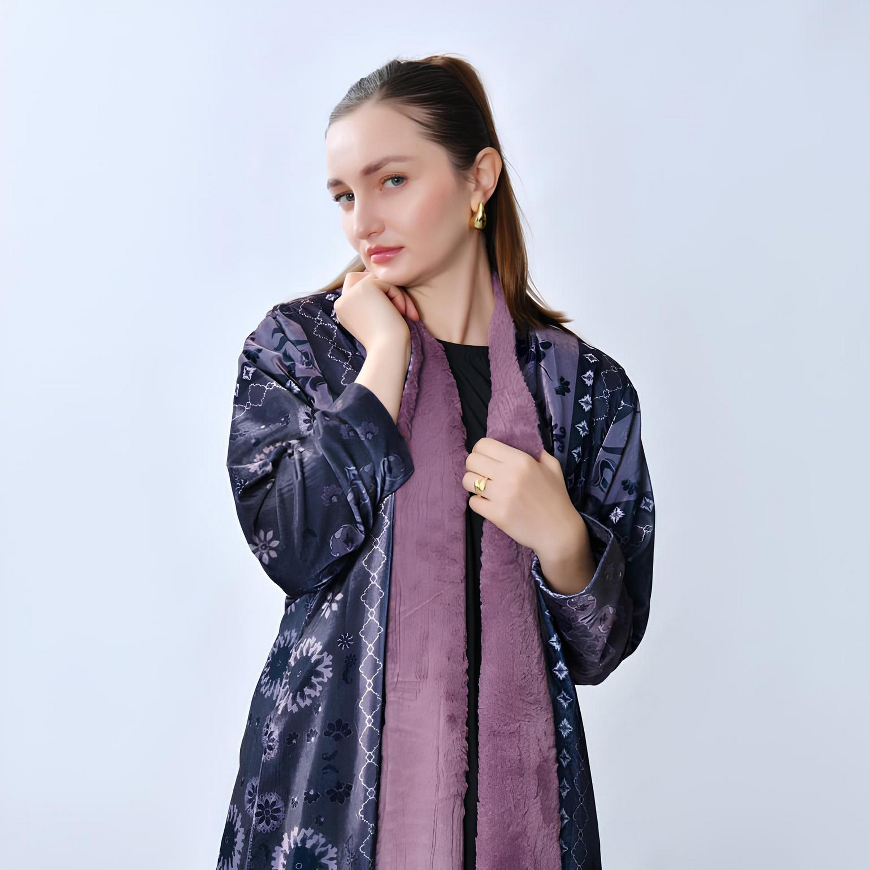 Oya Abaya Blue Geometric Print Velvet Women's Abaya-women-arabicclothing-abayas-image-2