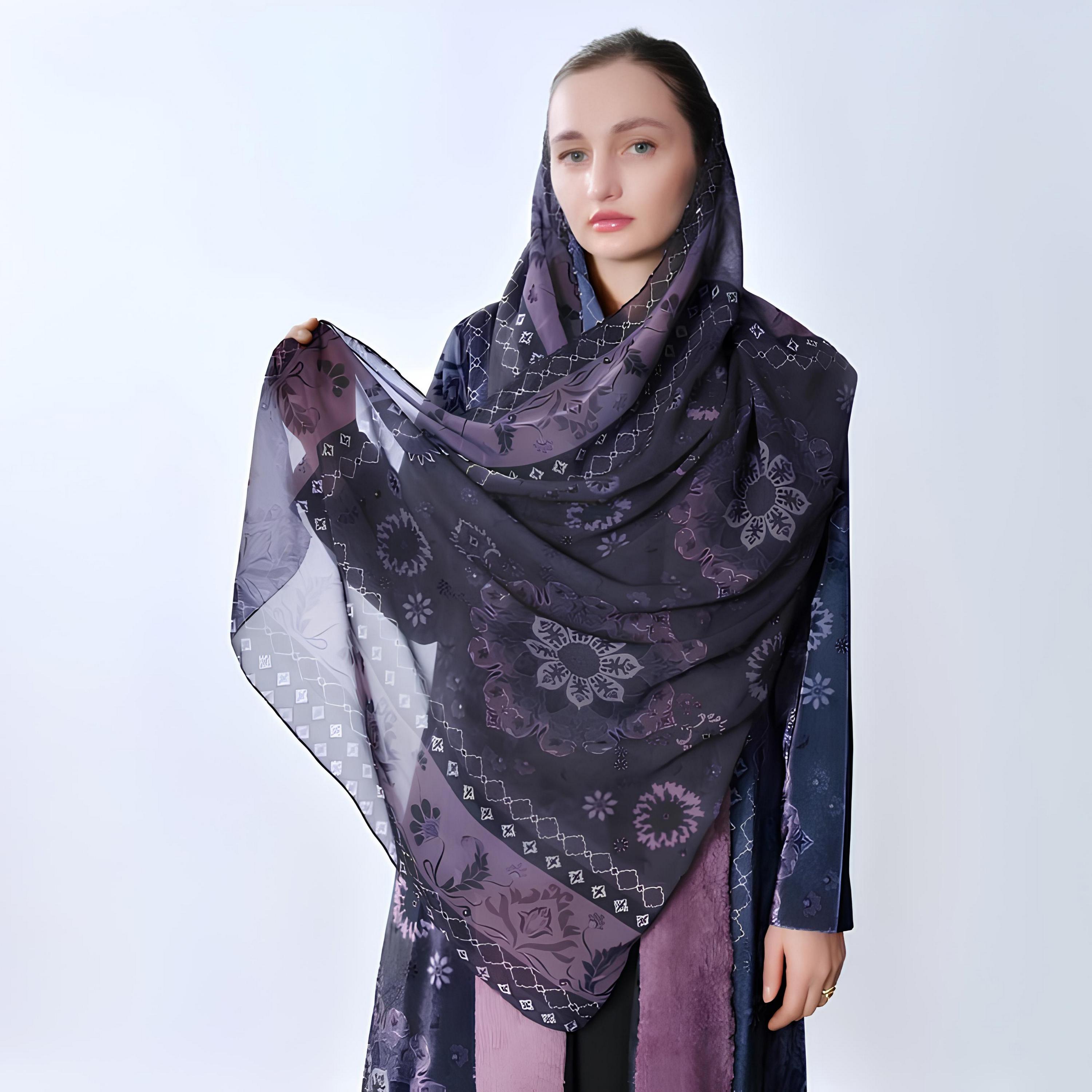 Oya Abaya Blue Geometric Print Velvet Women's Abaya-women-arabicclothing-abayas-image-3