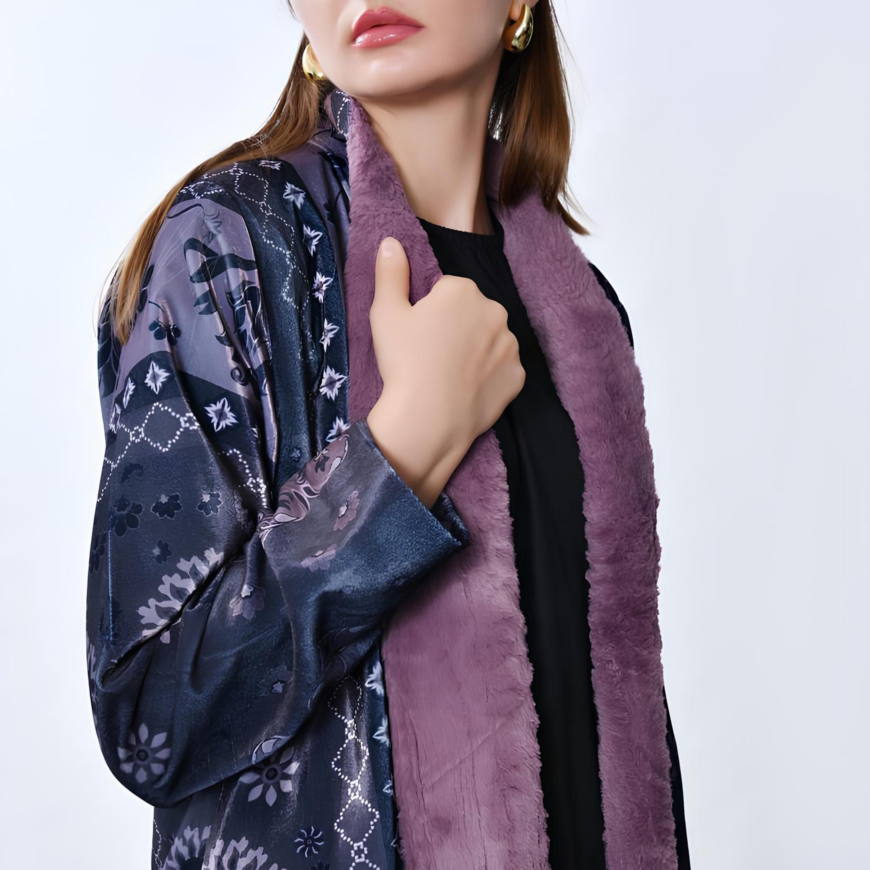 Oya Abaya Blue Geometric Print Velvet Women's Abaya-women-arabicclothing-abayas-image-4
