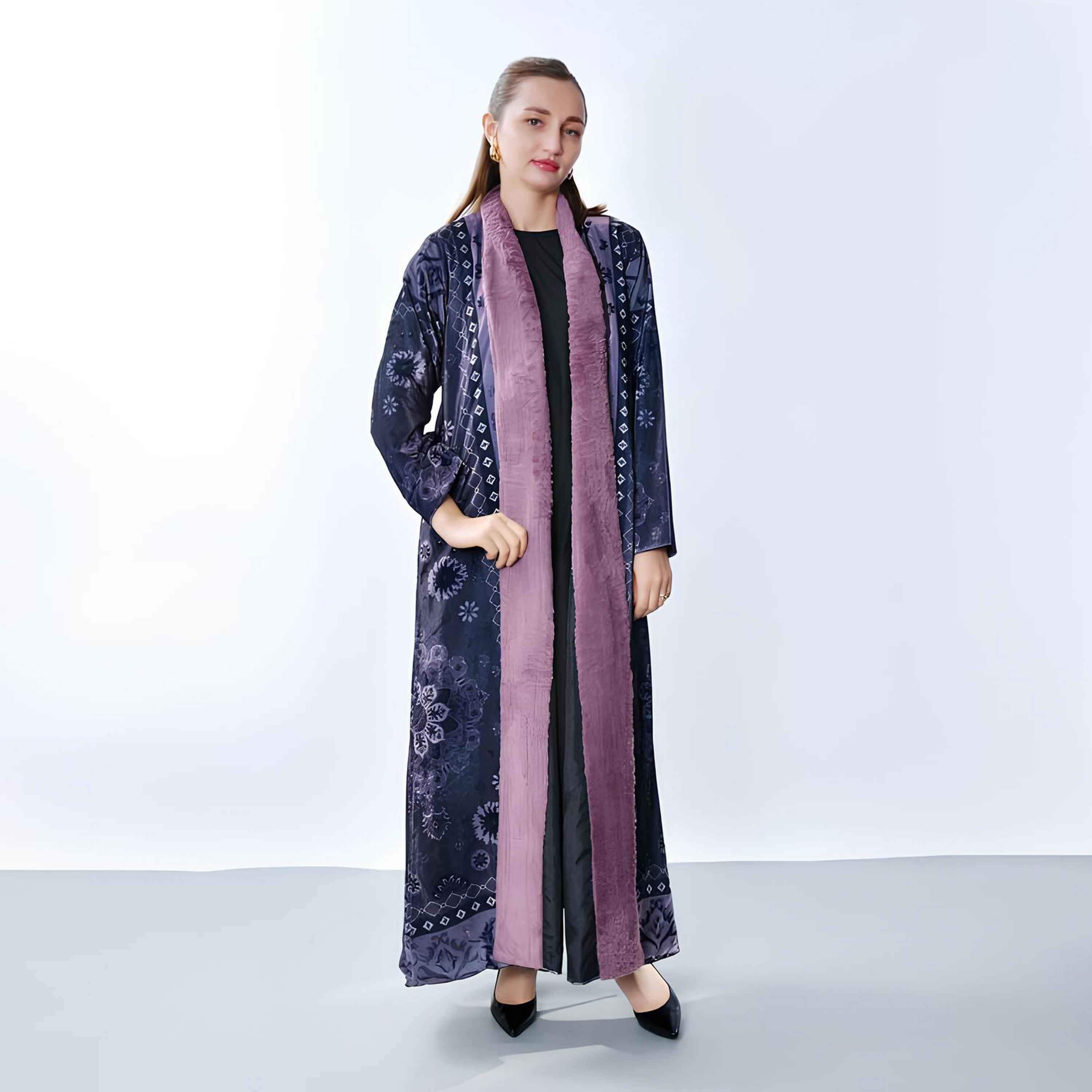 Oya Abaya Blue Geometric Print Velvet Women's Abaya-women-arabicclothing-abayas-image-5