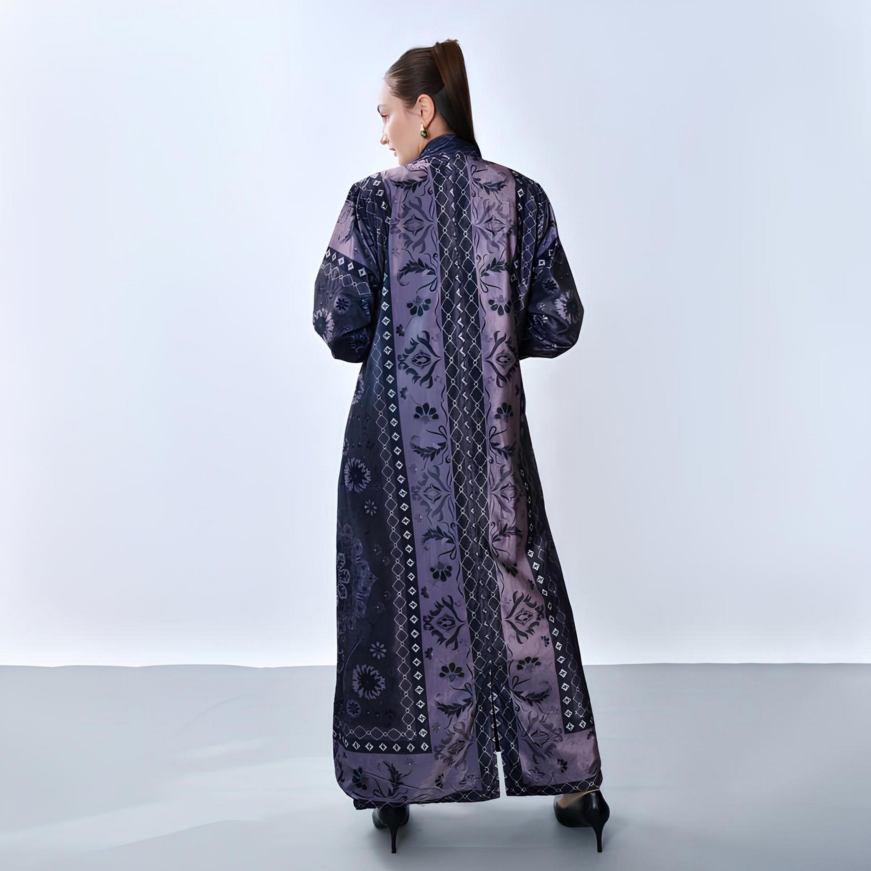 Oya Abaya Blue Geometric Print Velvet Women's Abaya-women-arabicclothing-abayas-image-6