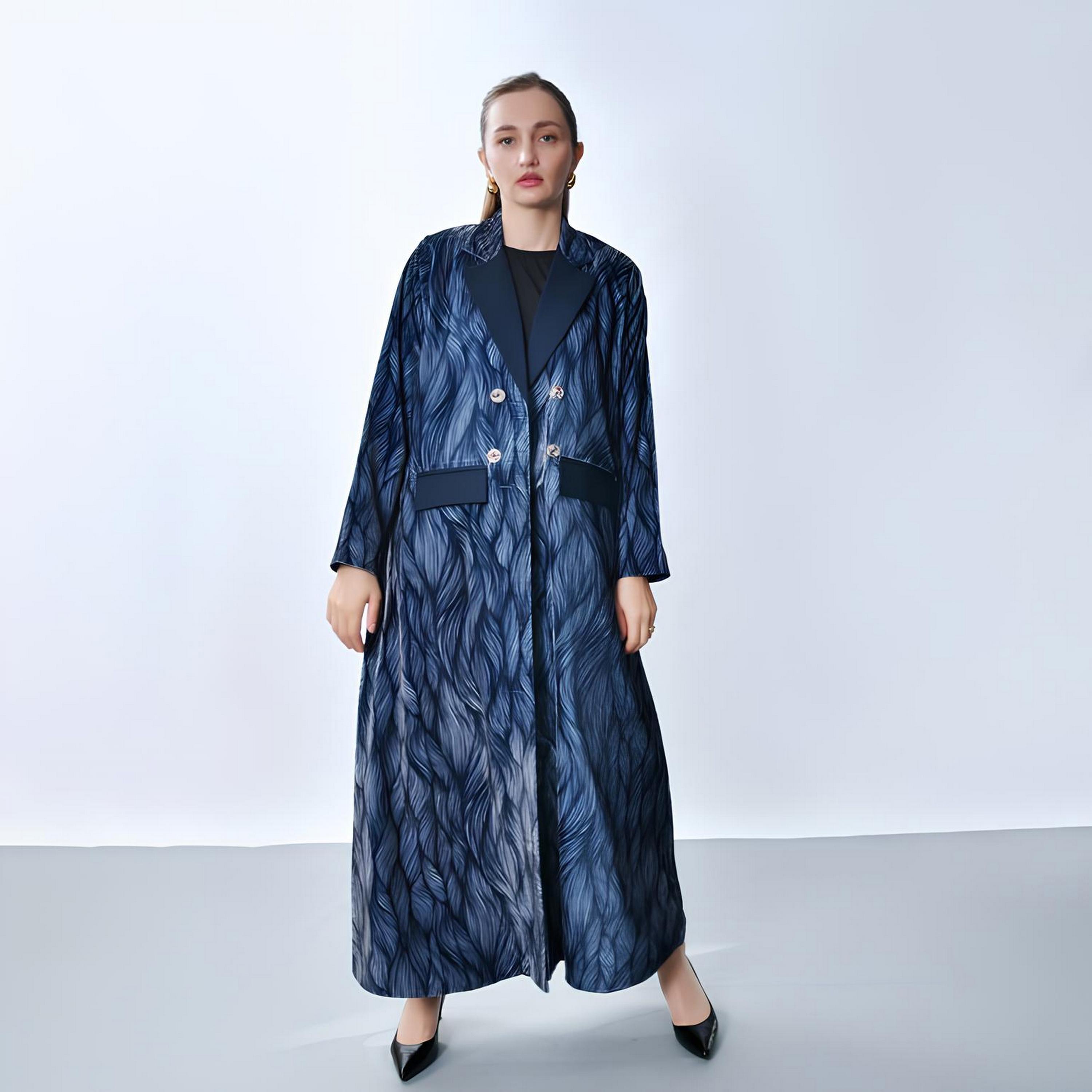 Oya Abaya Blue Abstract Print Lapel Collar Velvet Women's Blazer Style Abaya-women-arabicclothing-abayas-image-1