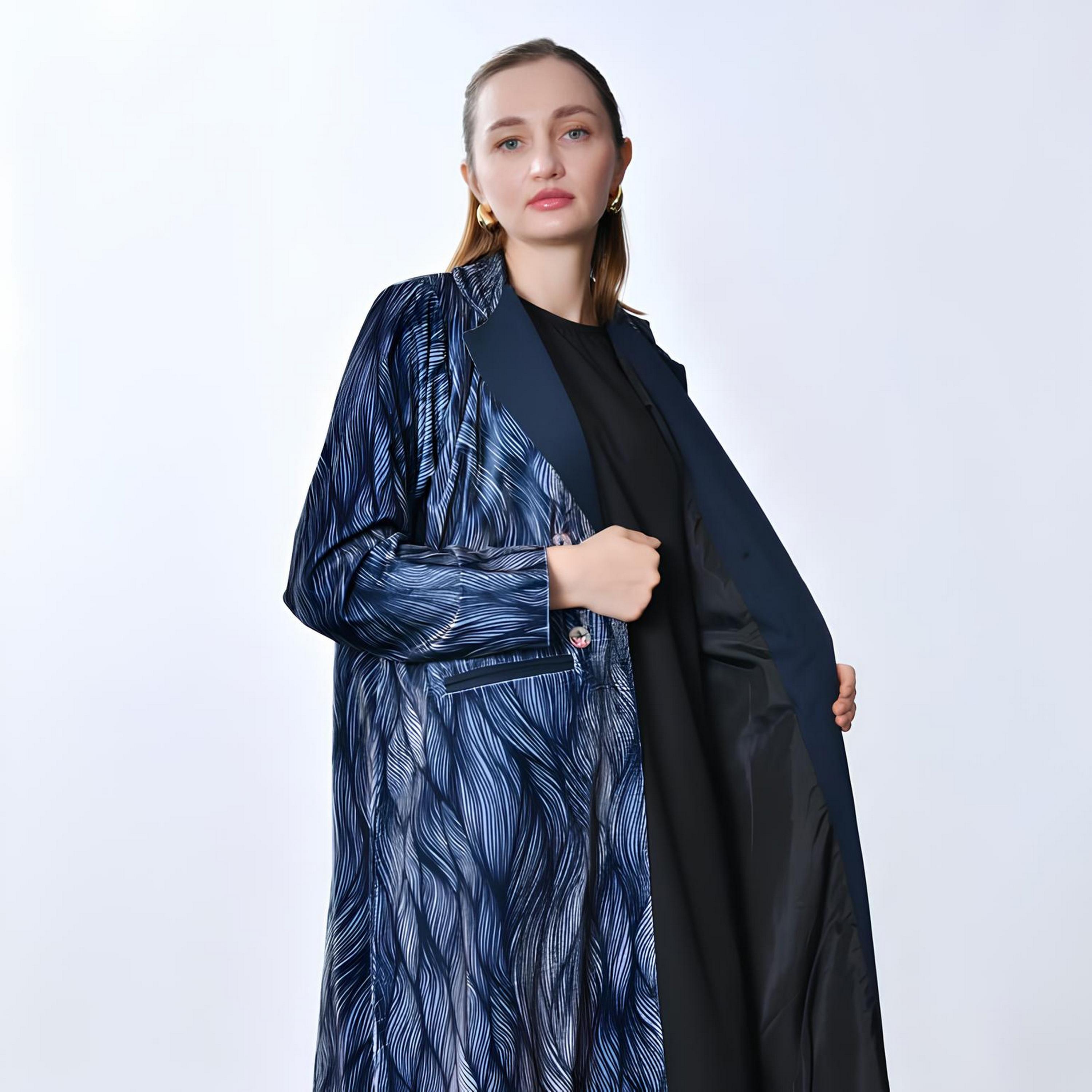 Oya Abaya Blue Abstract Print Lapel Collar Velvet Women's Blazer Style Abaya-women-arabicclothing-abayas-image-2