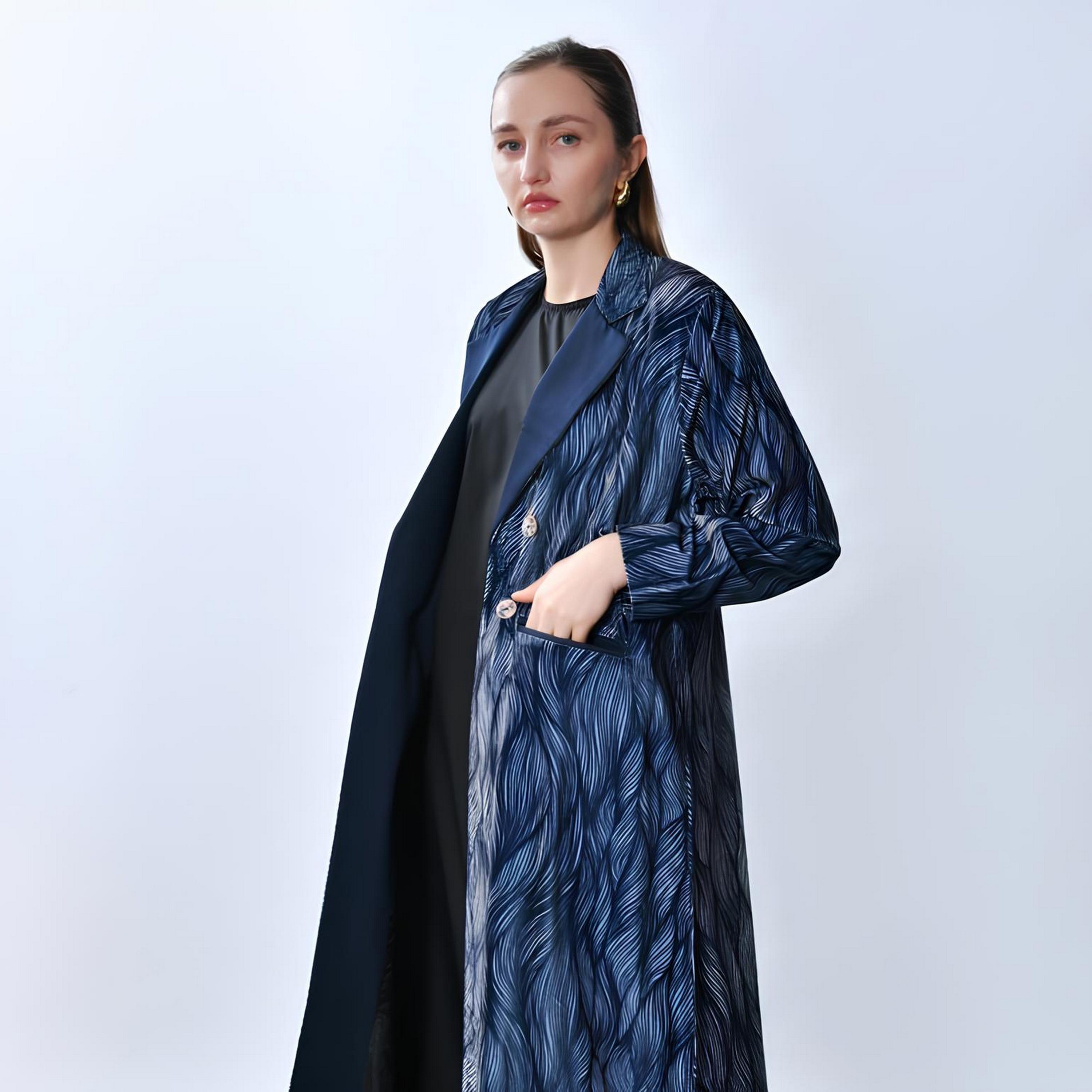 Oya Abaya Blue Abstract Print Lapel Collar Velvet Women's Blazer Style Abaya-women-arabicclothing-abayas-image-3