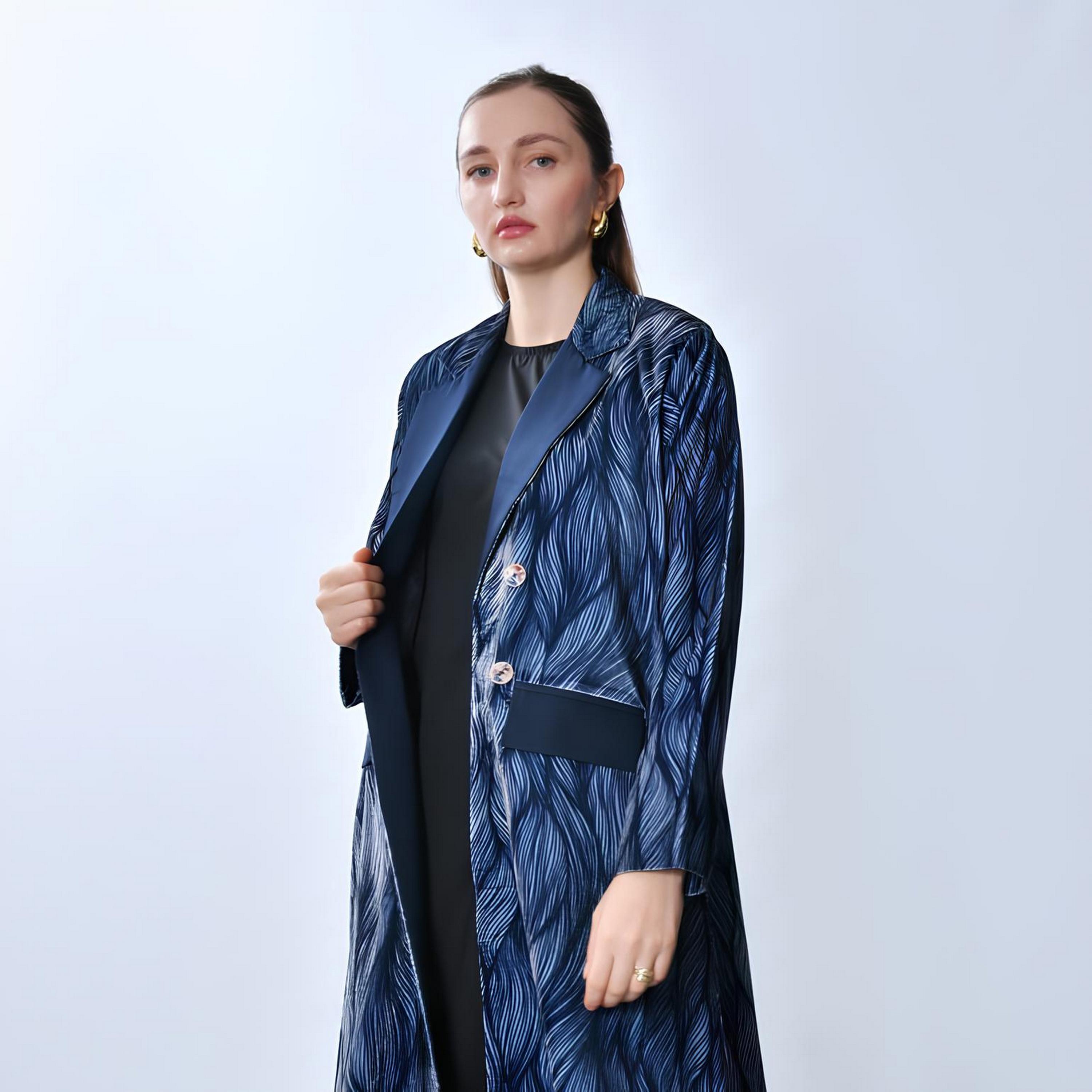 Oya Abaya Blue Abstract Print Lapel Collar Velvet Women's Blazer Style Abaya-women-arabicclothing-abayas-image-4