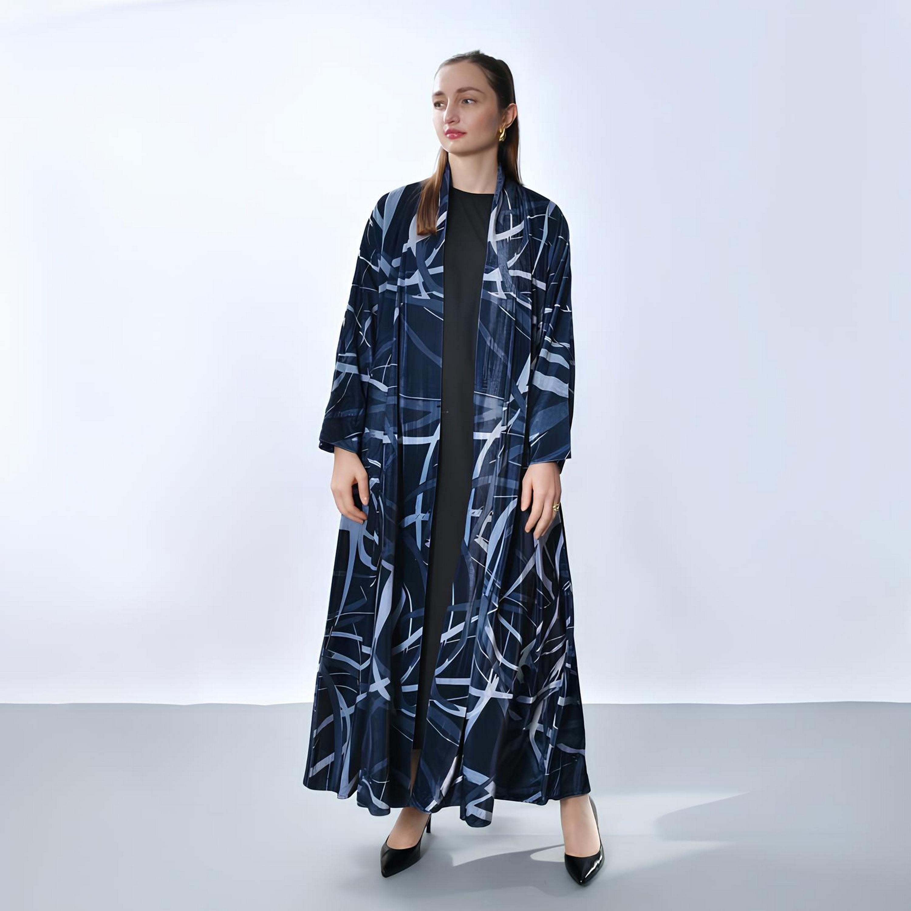 Oya Abaya Blue Abstract Print Velvet Women's Quarter-Cloche Cut Abaya-women-arabicclothing-abayas-image-1
