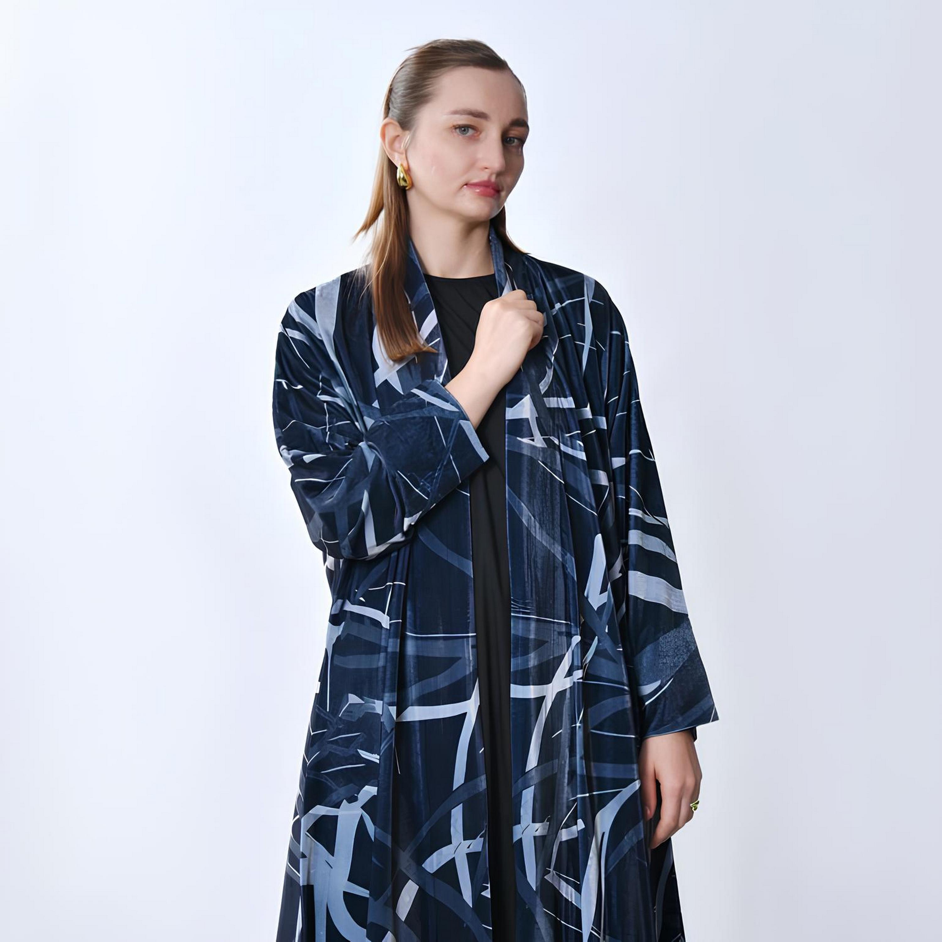 Oya Abaya Blue Abstract Print Velvet Women's Quarter-Cloche Cut Abaya-women-arabicclothing-abayas-image-2