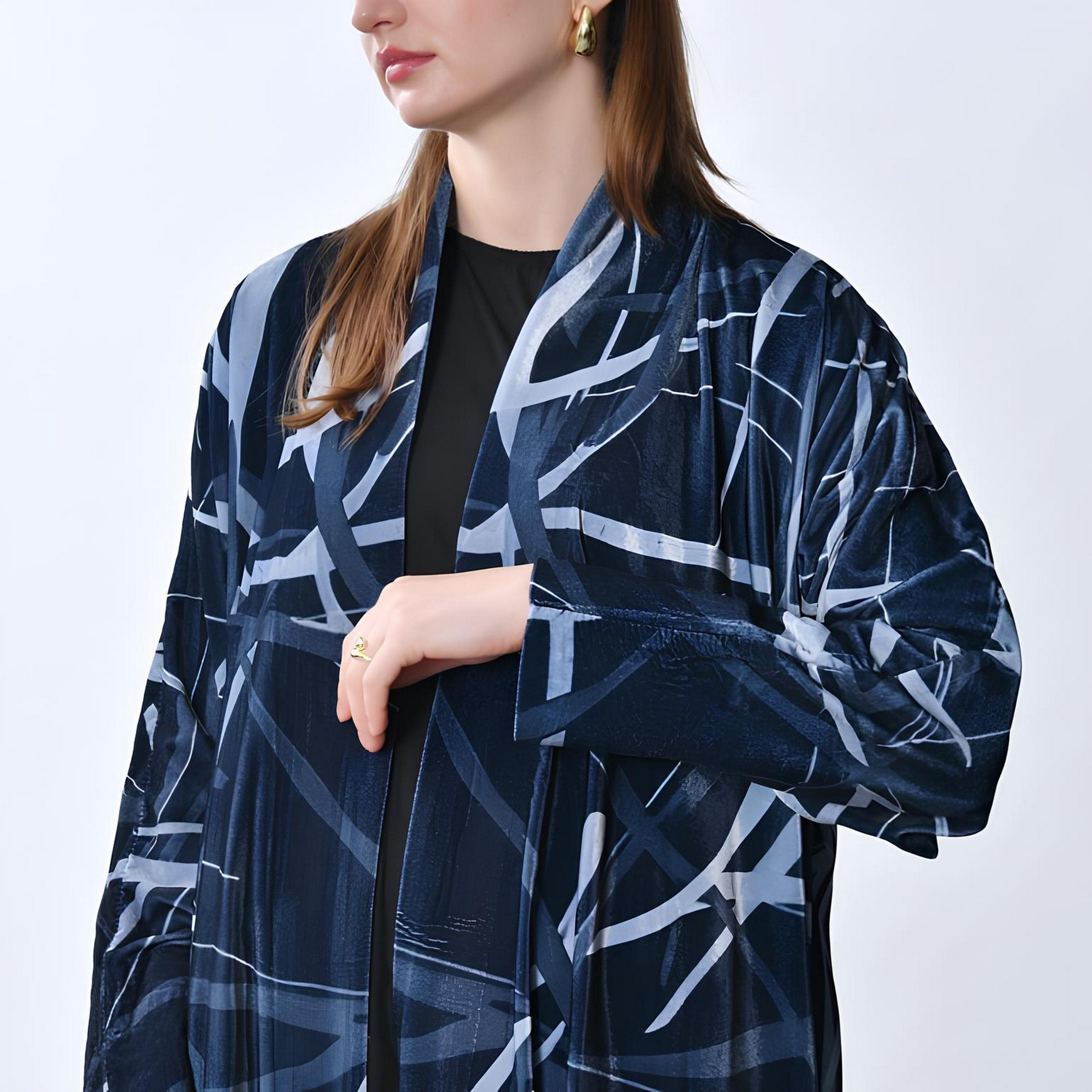 Oya Abaya Blue Abstract Print Velvet Women's Quarter-Cloche Cut Abaya-women-arabicclothing-abayas-image-3