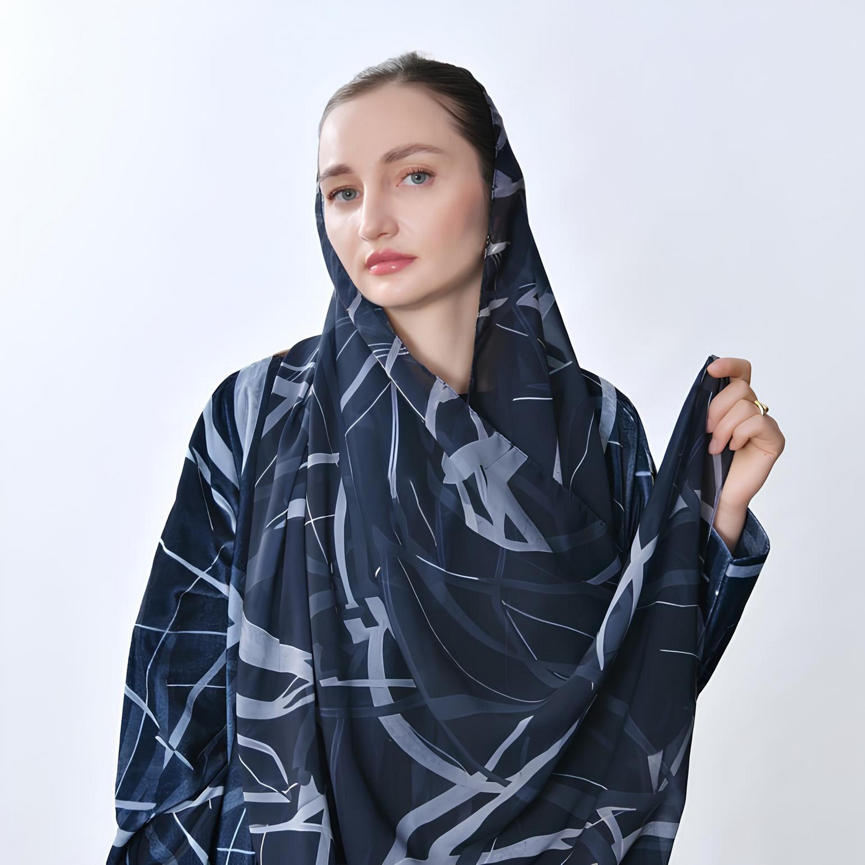 Oya Abaya Blue Abstract Print Velvet Women's Quarter-Cloche Cut Abaya-women-arabicclothing-abayas-image-4