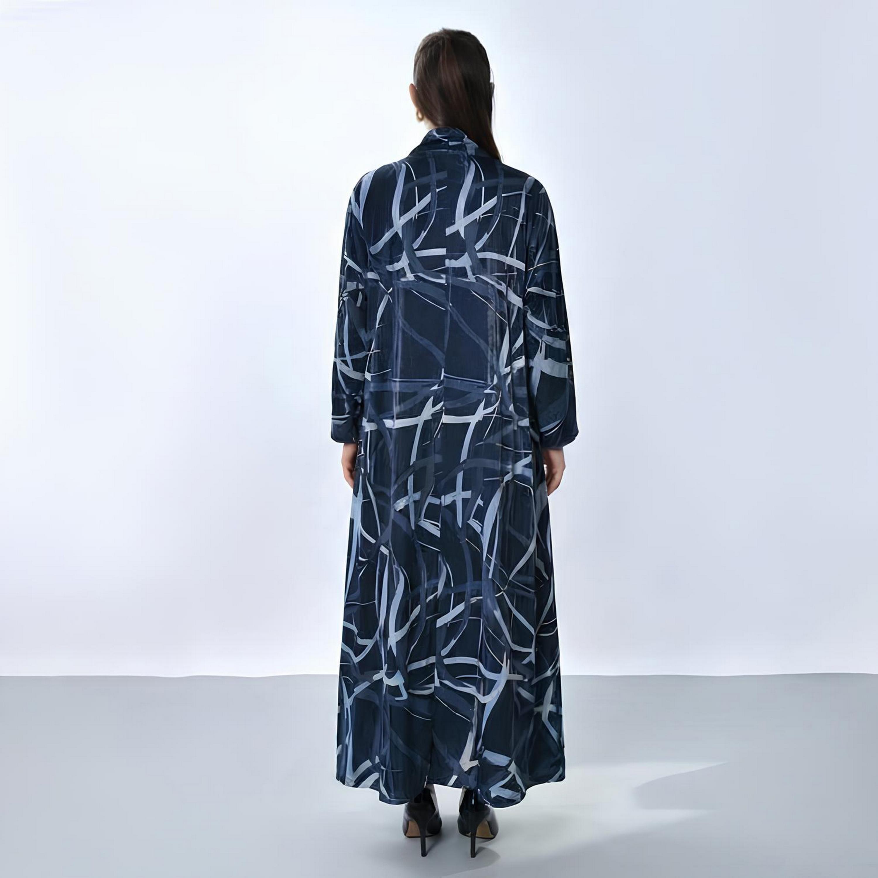 Oya Abaya Blue Abstract Print Velvet Women's Quarter-Cloche Cut Abaya-women-arabicclothing-abayas-image-5