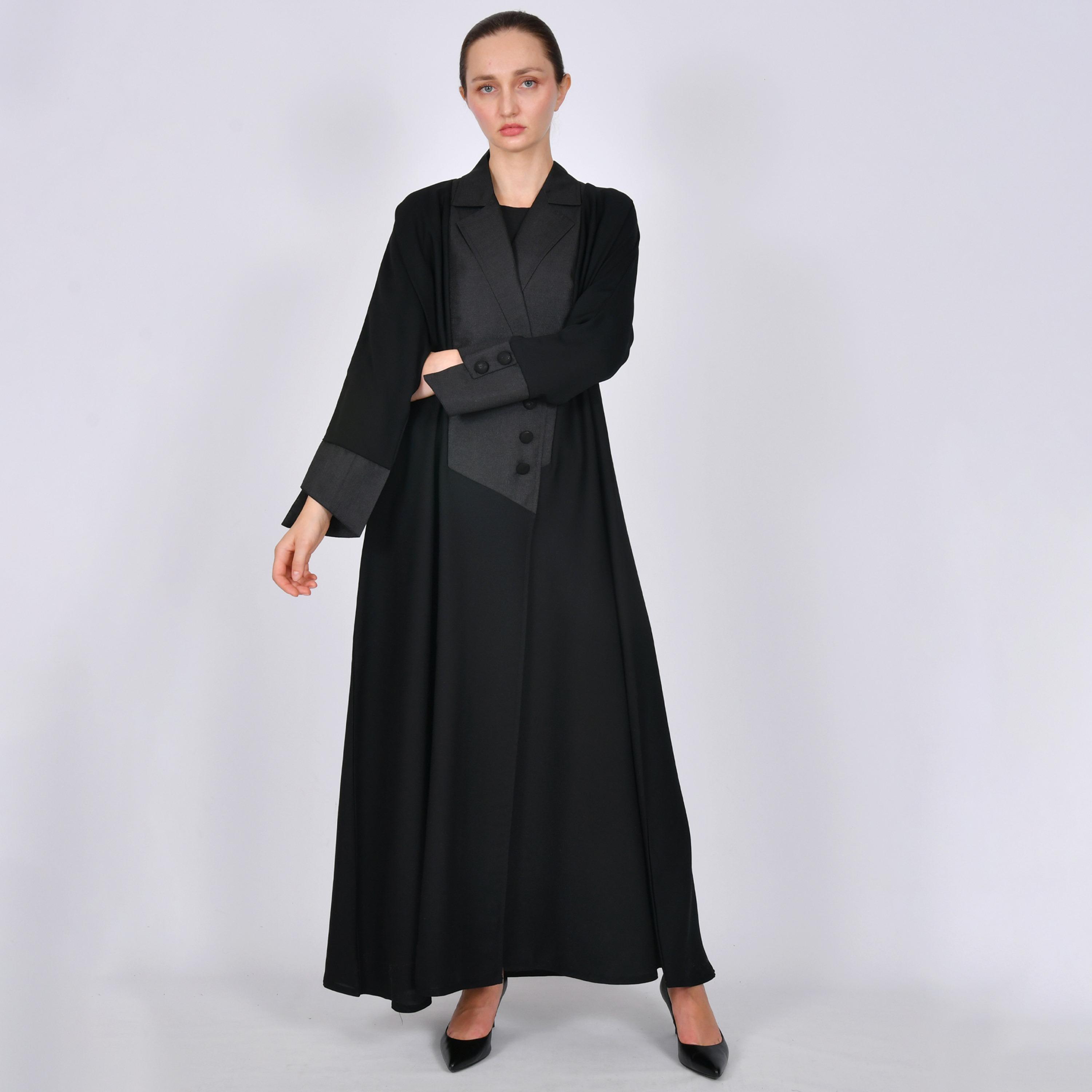 Oya Abaya Black Colour-Blocked Lapel Collar Linen Women's Formal Blazer Style Abaya-women-arabicclothing-abayas-image-1