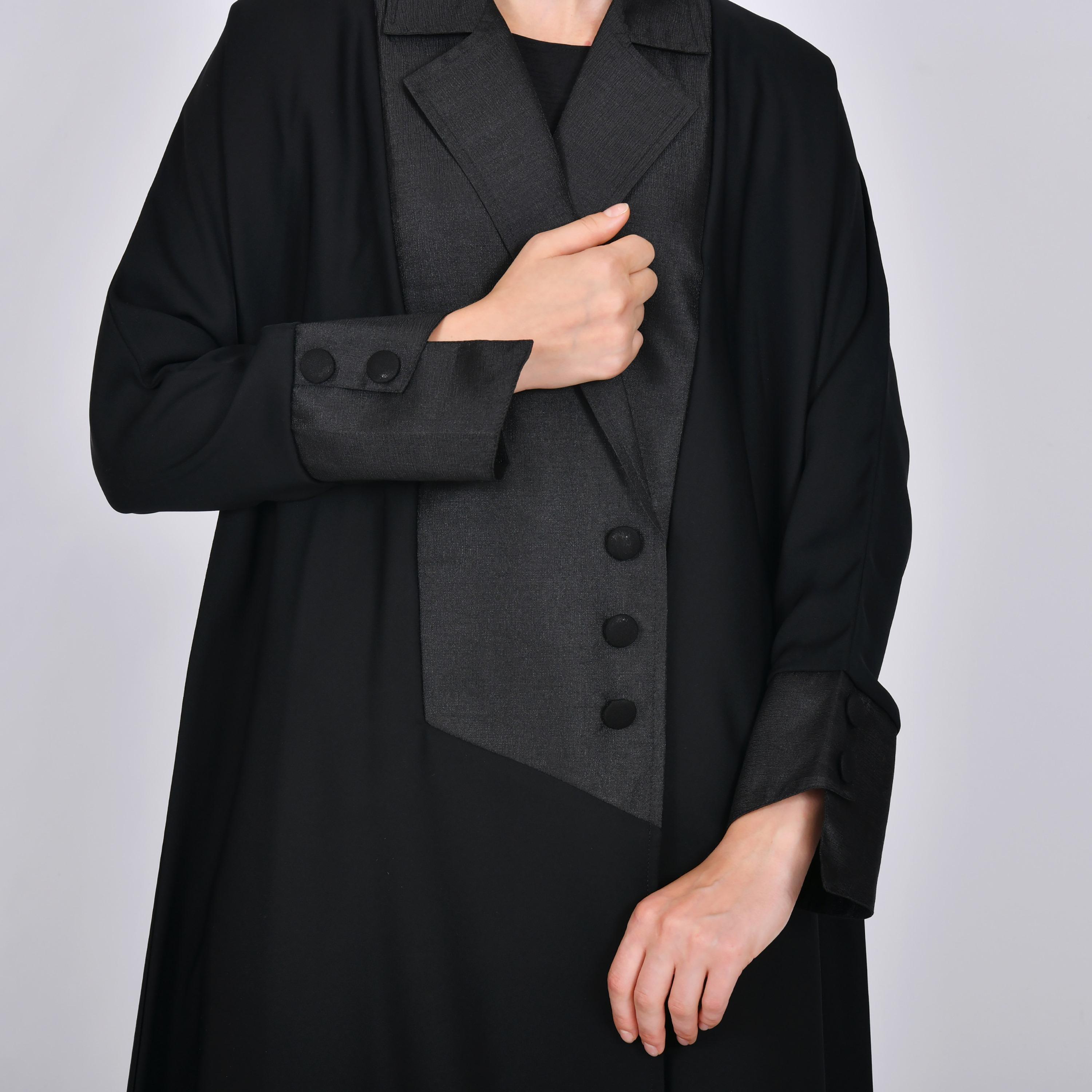 Oya Abaya Black Colour-Blocked Lapel Collar Linen Women's Formal Blazer Style Abaya-women-arabicclothing-abayas-image-2