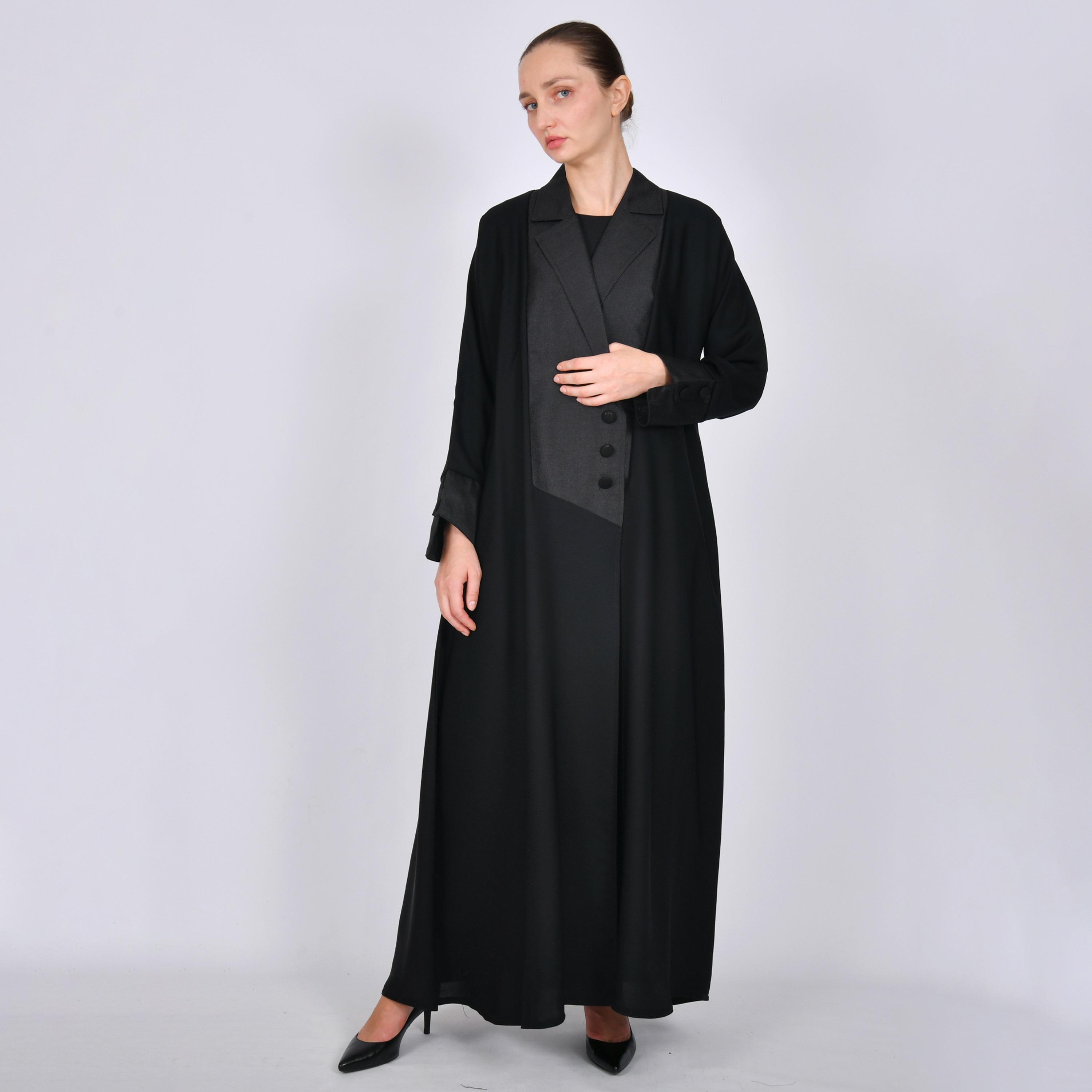 Oya Abaya Black Colour-Blocked Lapel Collar Linen Women's Formal Blazer Style Abaya-women-arabicclothing-abayas-image-3