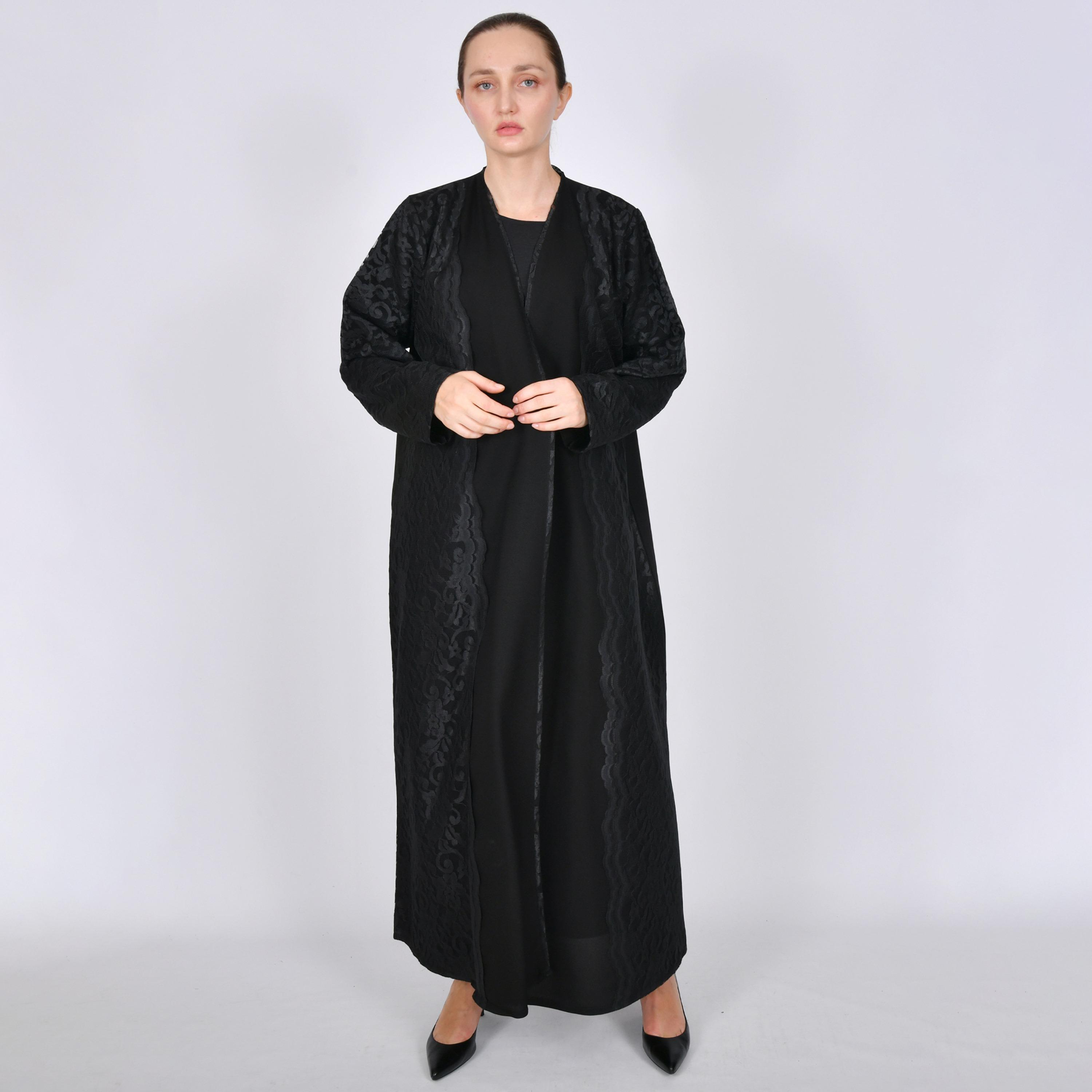 Oya Abaya Black Jacquard Detailed Linen Women's Abaya-women-arabicclothing-abayas-image-1
