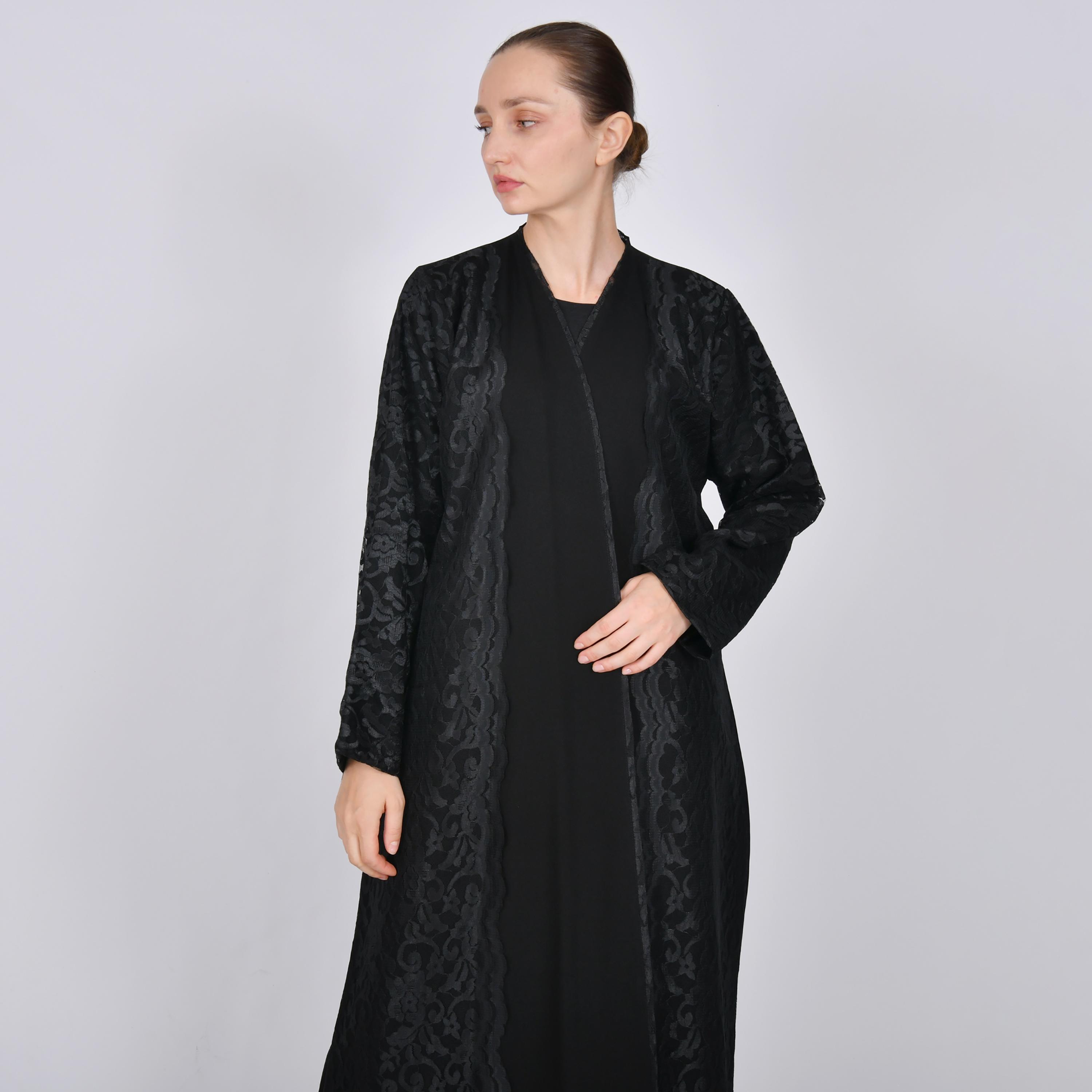 Oya Abaya Black Jacquard Detailed Linen Women's Abaya-women-arabicclothing-abayas-image-2